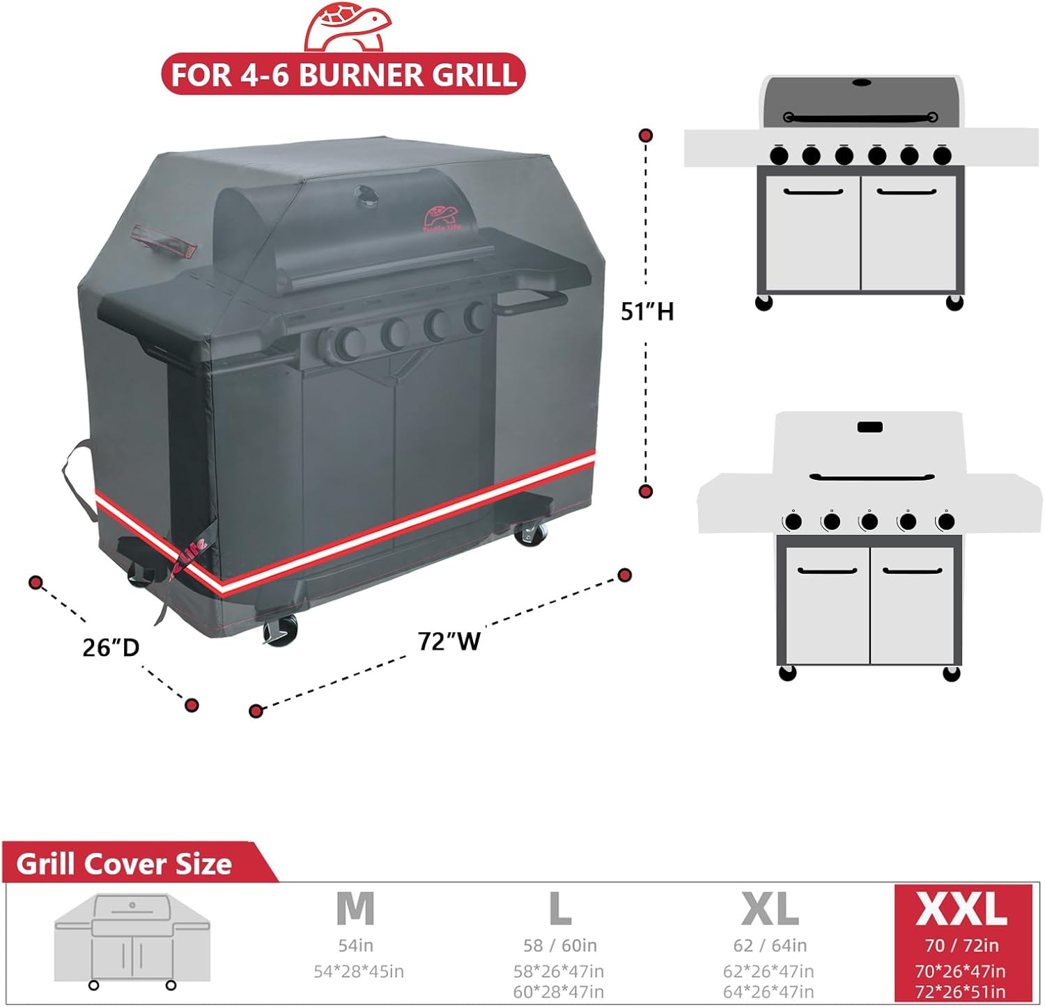 Turtle Life BBQ Grill Cover, 72 Inch Heavy Duty Waterproof 4-6 Burner Barbecue Gas Grill Covers for Weber Genesis Char-Broil Brinkmann, No Fading within 2 Years, Black