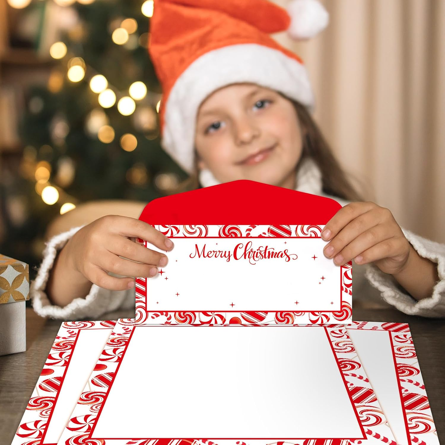 50 Pcs Peppermint Party Letterhead with Envelopes Candy Cane Christmas Border Computer Paper Stationery Paper for Note Letters to Santa Invitations Office School Printing 8.5 X 11 In image number 1