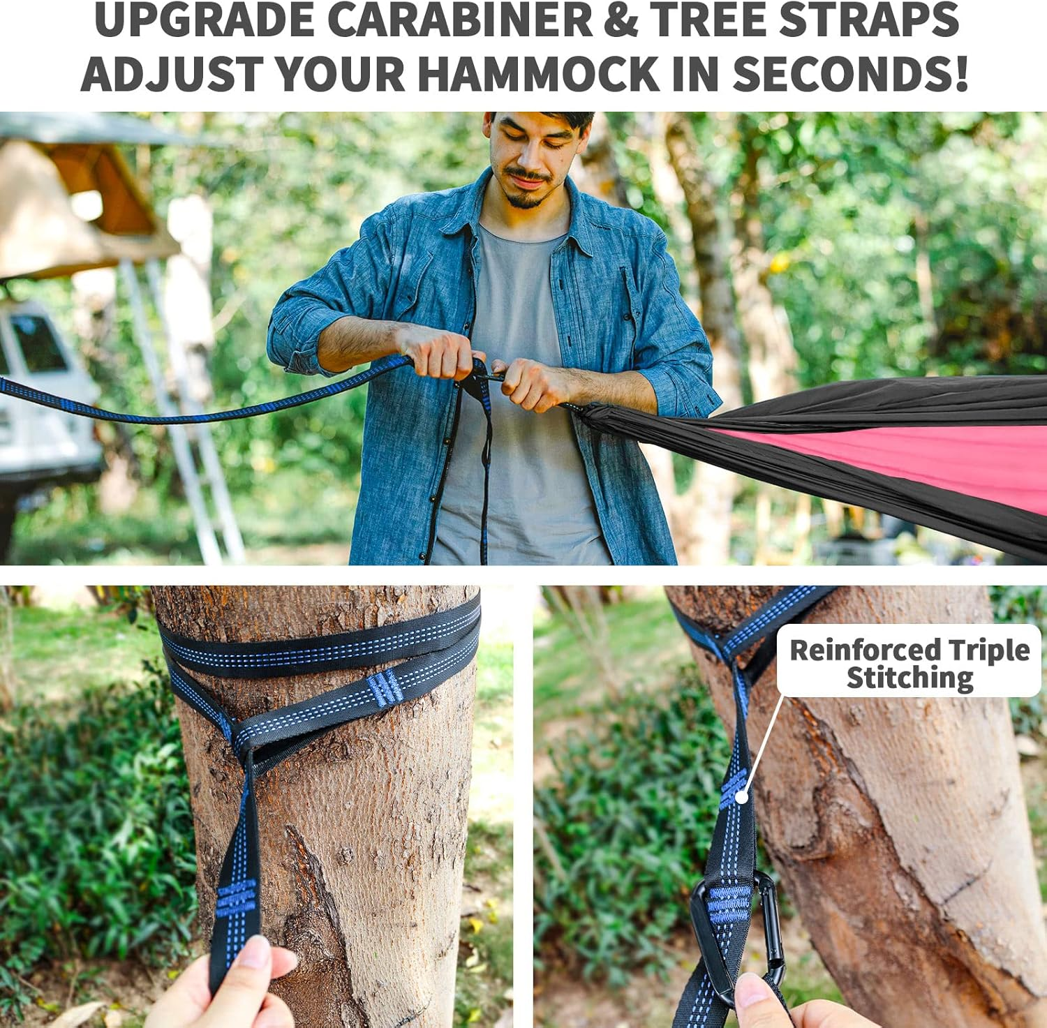 Camping Hammock Pink Grey Hammocks with Mosquito Net Tent and Rain Fly Tarp Portable Single & Double Nylon Parachute Hammock with Heavy Duty Tree Strap Outdoor Backpacking Survival Travel - Blue image number 7