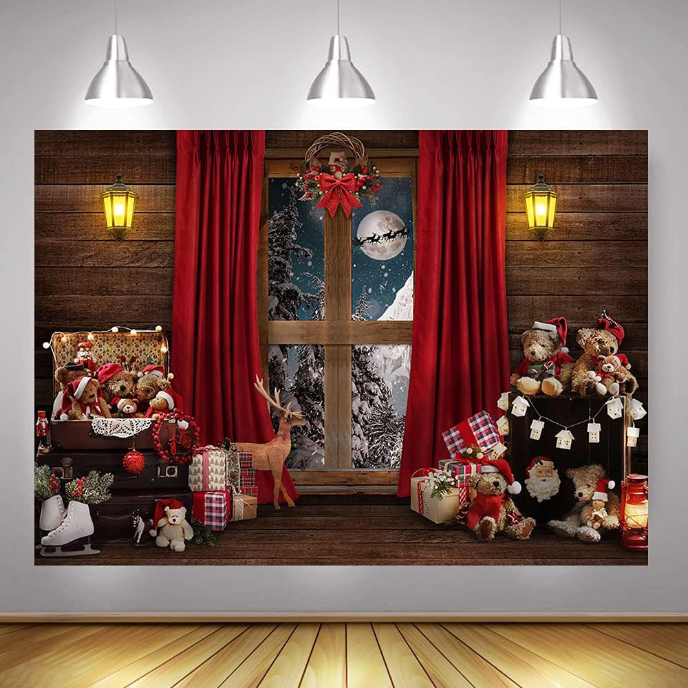 Mocsicka Christmas Window Backdrop Santa Gifts Bear Christmas Window Decorations for Baby Family Kids Indoor Xmas Tree New Year Holiday Photography Background (7X5Ft (82X60 Inch)) image number 4