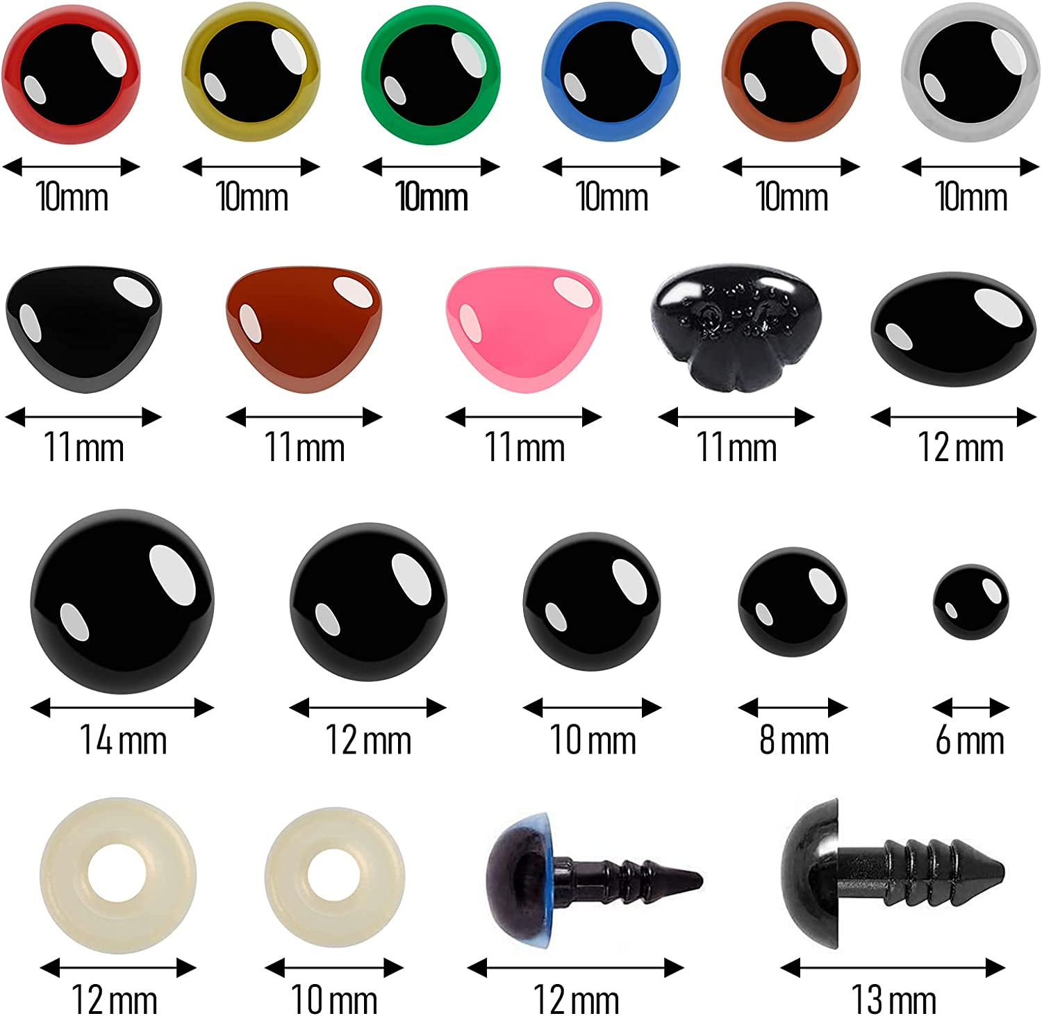 Buylorco 600Pcs Plastic Colored Safety Eyes and Noses for Amigurumi, 6Mm~14Mm image number 1