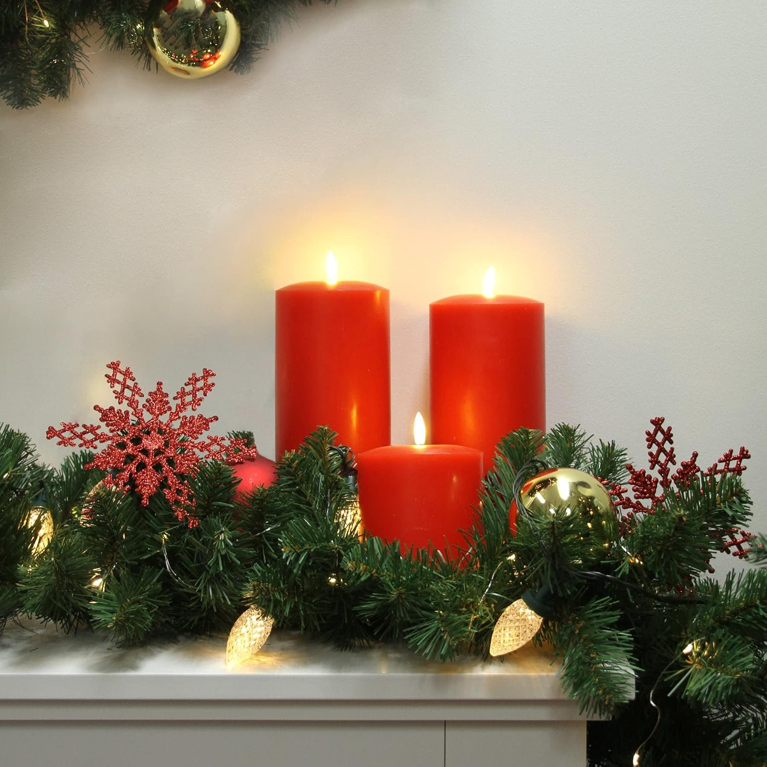 Set of 2 LED Red Wax Pillar Candles - 3 Size Options - 18Cm