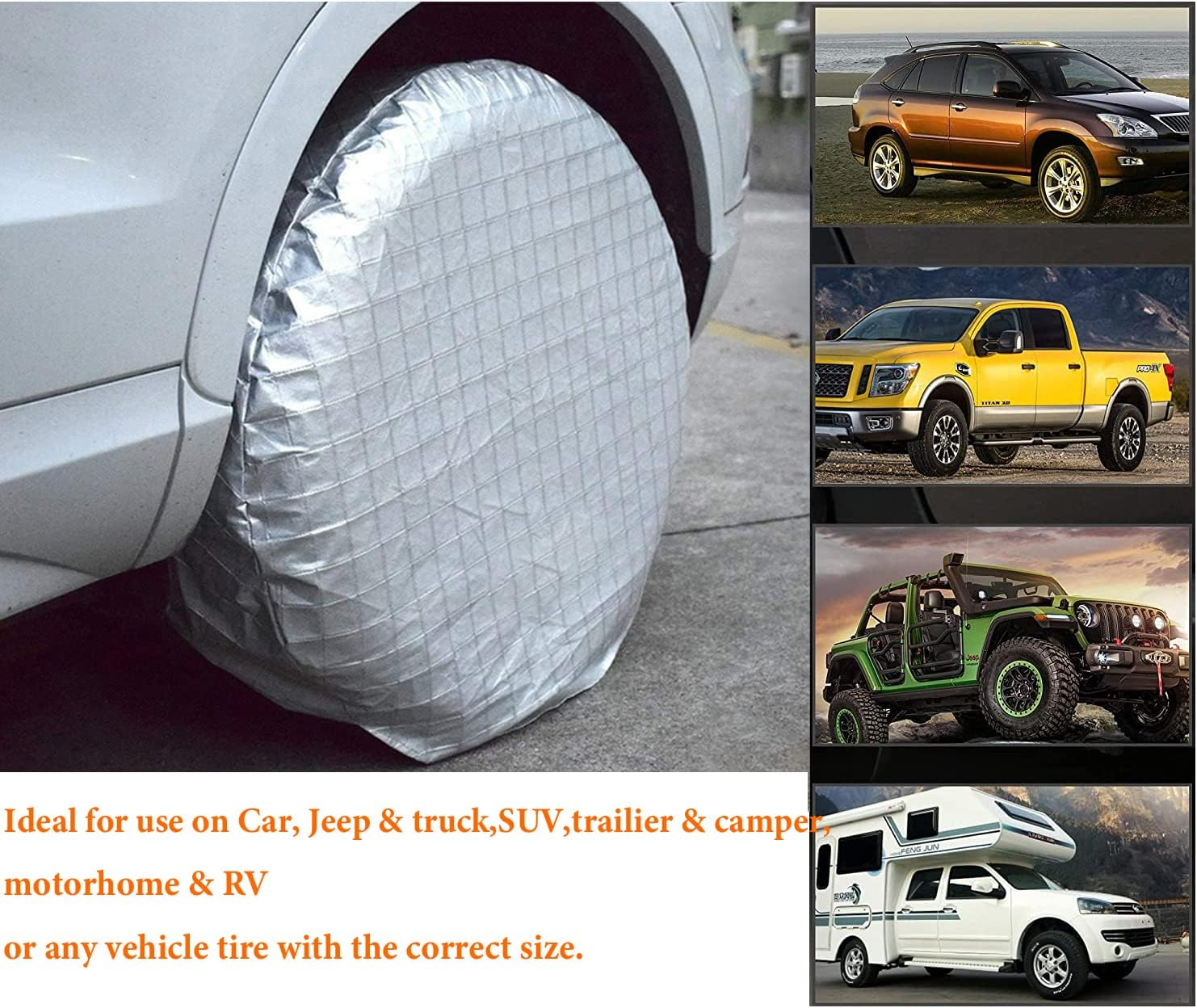 Tire Covers,4Pcs Tire Cover Waterproof Dustproof Aluminum Film Anti‑Uv Tyre Spare Wheel Protector with Hooks for Car RV SUV Truck Trailer,Fit 36-39 Inch Tire Diameter/Silver image number 5