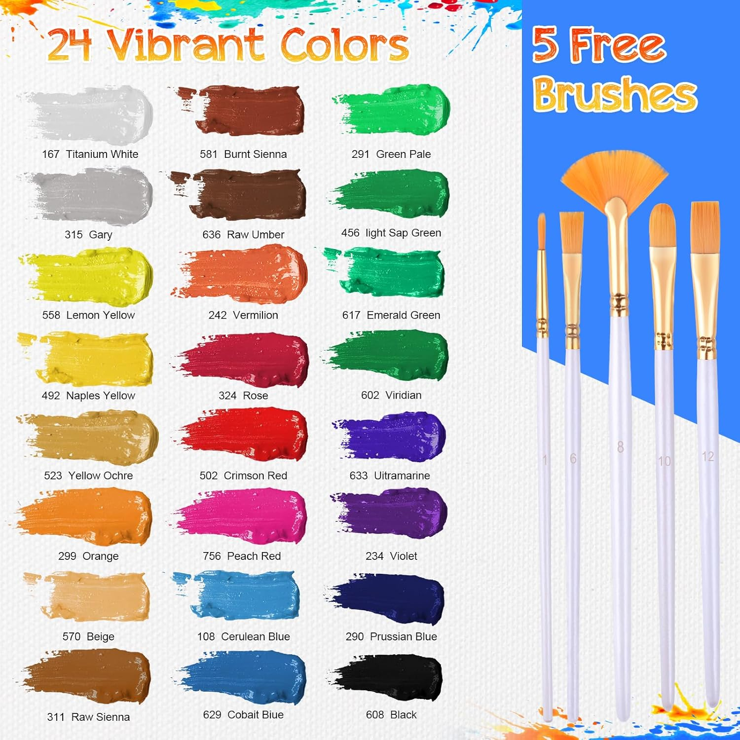 Aottom 33 Piece Canvas Acrylic Paint Set, 24 X Tube Acrylic Paints with 5 X Brush Set + 2 X Canvas + 1 X Mixing Knife Acrylic Paint Set for Stones, Paper, Wood Acrylic Paints for Artists, Beginners image number 3