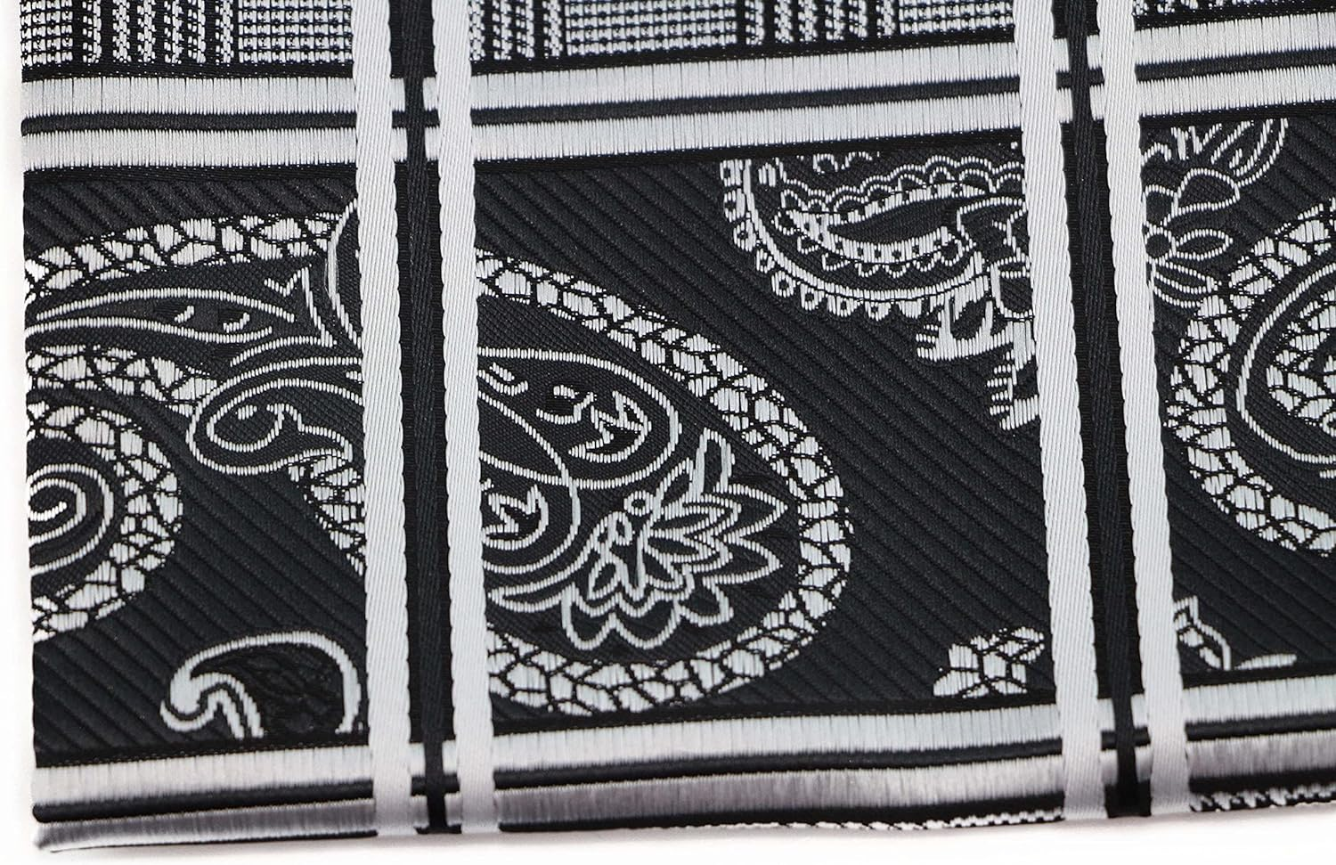 Mens Black, Silver & White Paisley Silk Pocket Square Black, Silver, White image number 1