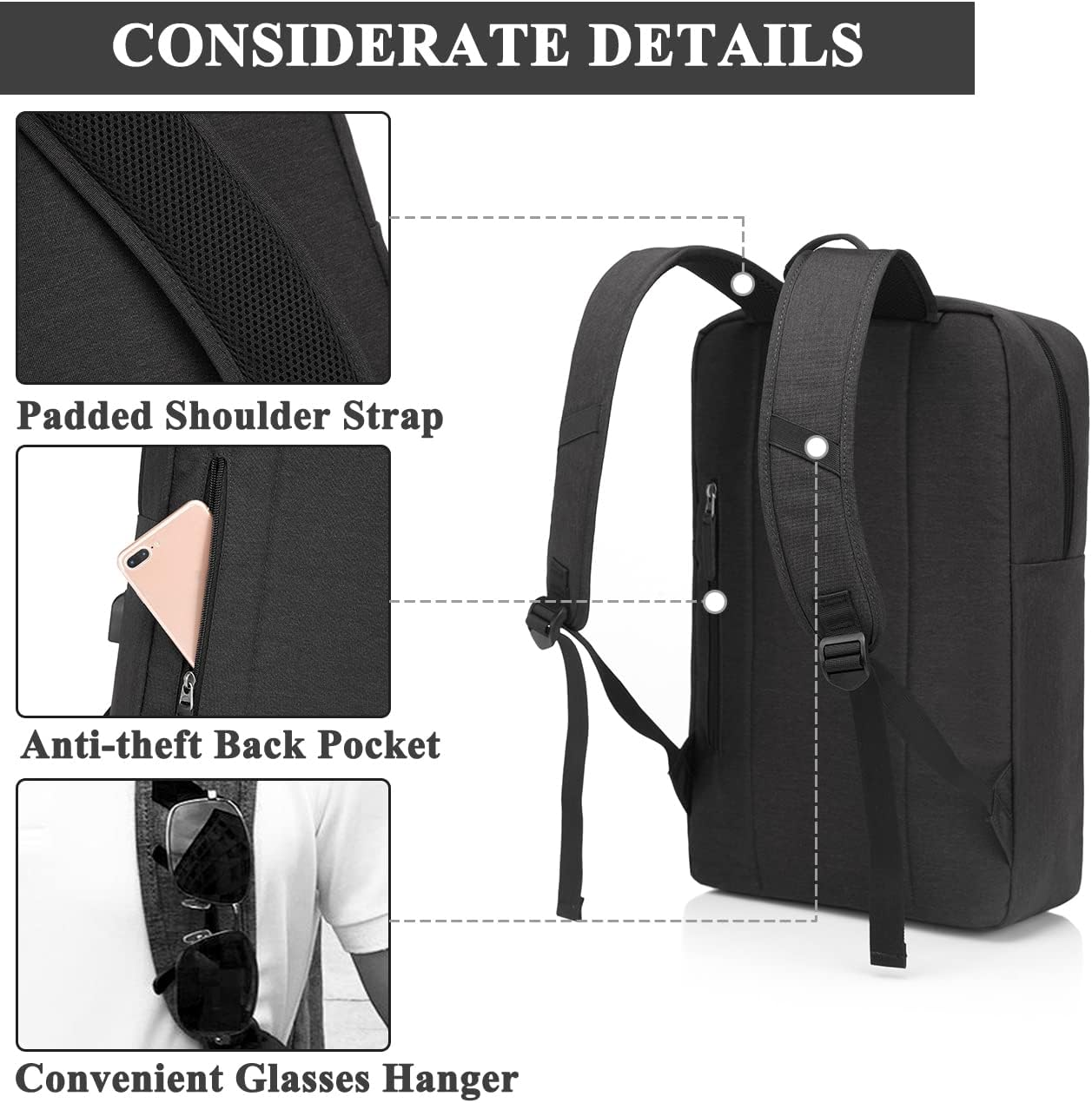 Laptop Backpack for Men Women, VASCHY Lightweight Business Backpack Fits 15.6-17 Inch Laptop College School Computer Bag for Work Travel Rucksack with USB Charging Port Black