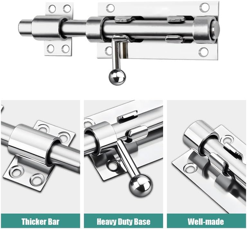Heavy Duty 4 Inch Stainless Steel Door Lock Bolt, Sliding Barrel Latch for Bathroom, Bedroom, Shed & Cabinet Doors, Silver Anti-Rust Finish image number 2