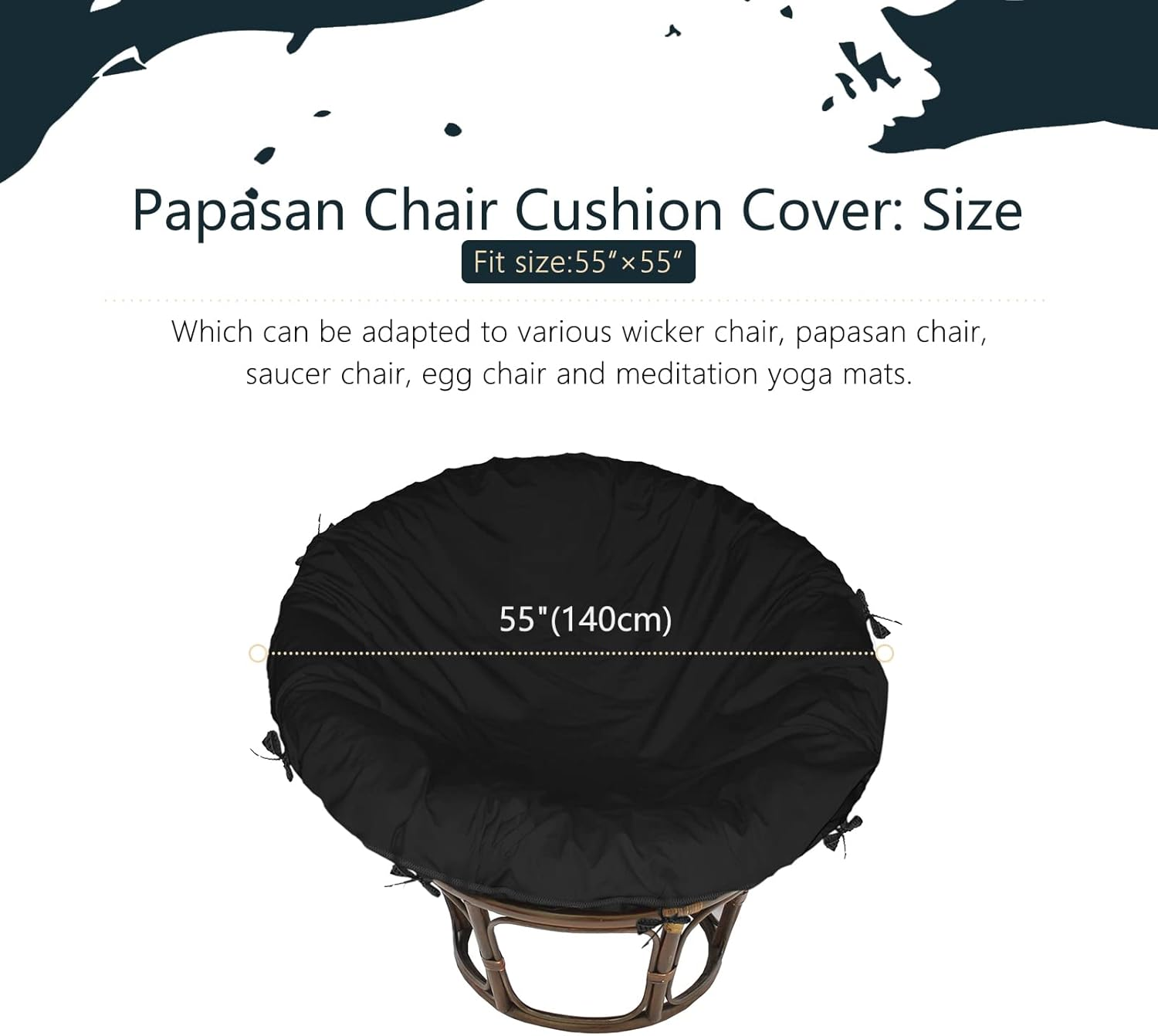 Papasan Cushion Covers 55" D - Black 600D Heavy Duty Oxford Cloth Zippered Cushion Waterproof Slipcover image number 1