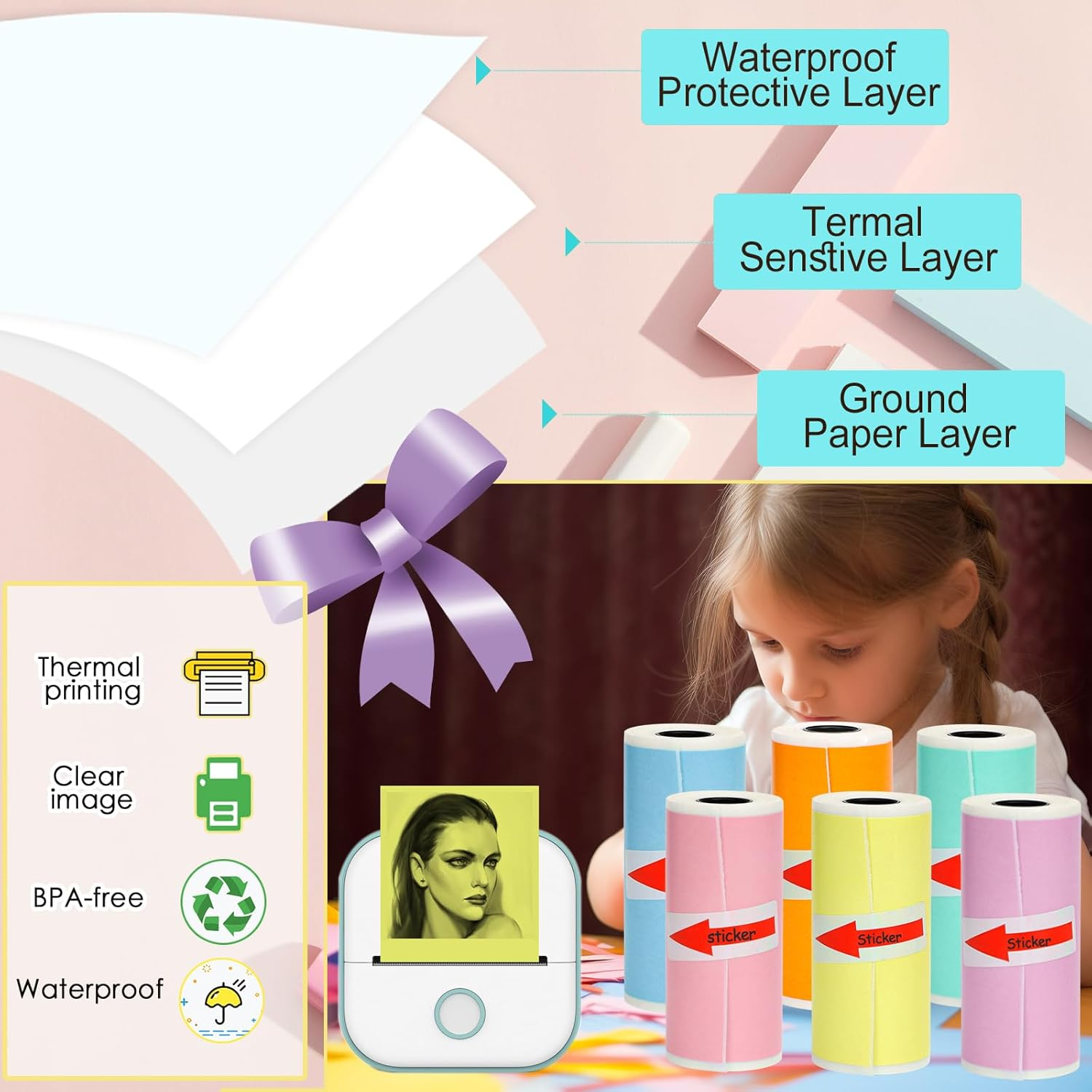 6 Rolls Colored Thermal Sticker Paper for Phomemo T02/M02/M02S PRO Mini Printer,Self-Adhesive Paper 53 * 28Mm,Hd Label for Pocket Inkless Portable Photo Printer to Print,Note,List image number 2