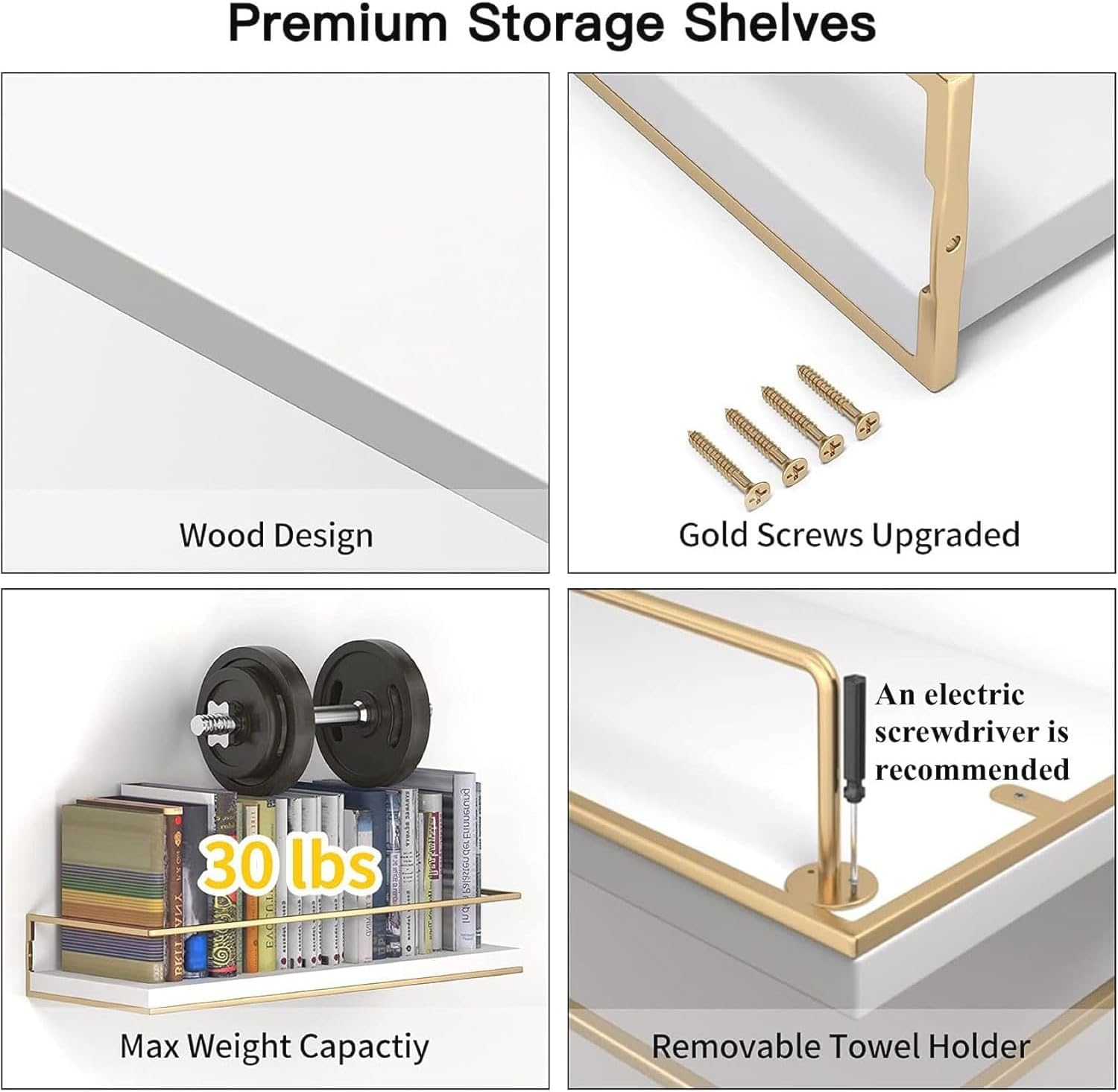 Floating Shelves Set of 2, Wall-Mounted Wooden Shelves with Golden Towel Rack, Decorative Storage Shelves for Bathroom, Kitchen, Living Room, Durable & Stylish image number 2