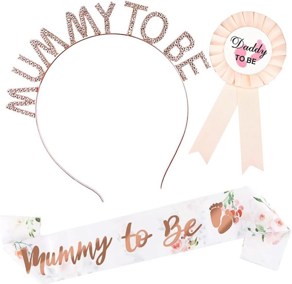 3 Pcs Mummy to Be Sash Set, Baby Shower Sash, Satin, Rhinestone Tiara Crown Headband and Badge, Party Decoration, Maternity Favour Gifts