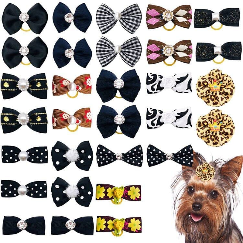 30PCS/15PAIRS Purple Dog Hair Bows with Rubber Bands Puppy Hair Bowknot Top Knot Elastic for Girl Female Doggy Cat Rabbit Poodle Pet Animal Grooming Accessories Attachment&hellip;