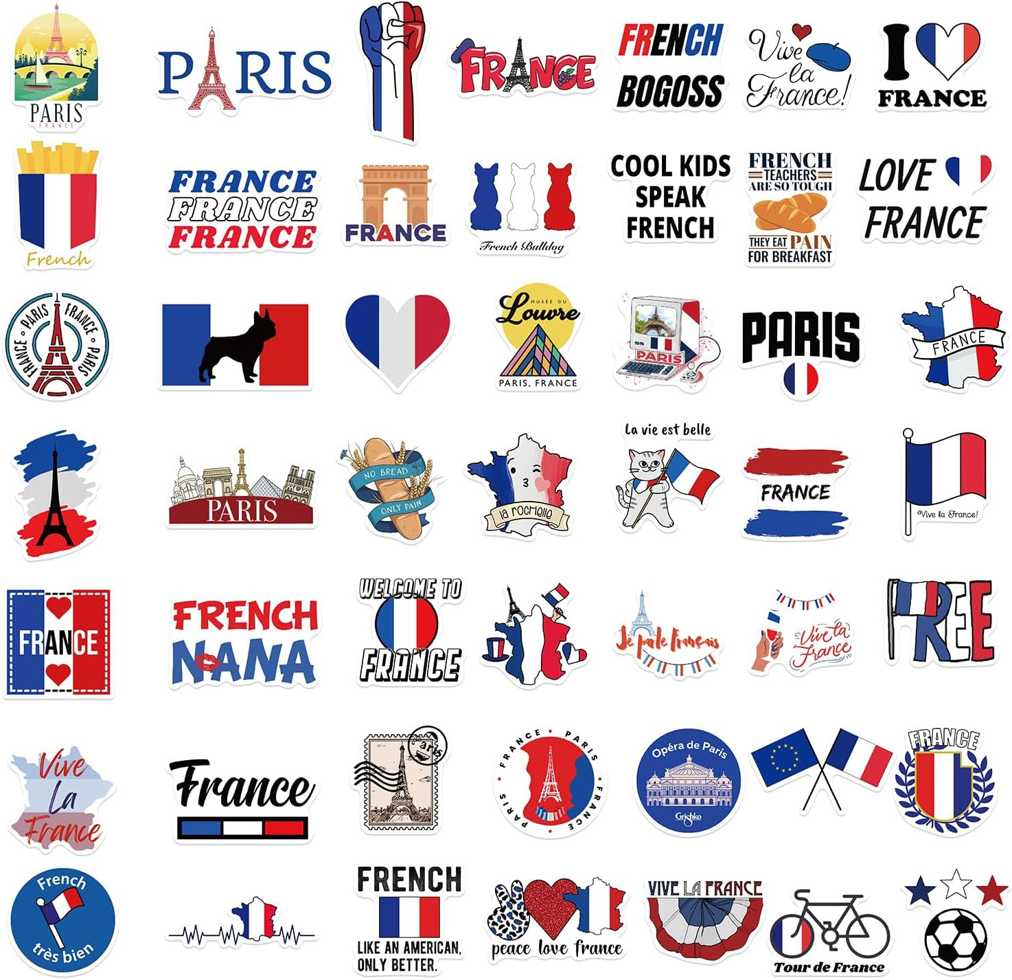 City France Stickers,50 PCS France Vinyl Waterproof Decals for Water Bottles Computer Bicycle Skateboard Luggage Phone Pad Laptop Kids Teens Stickers Pack image number 1