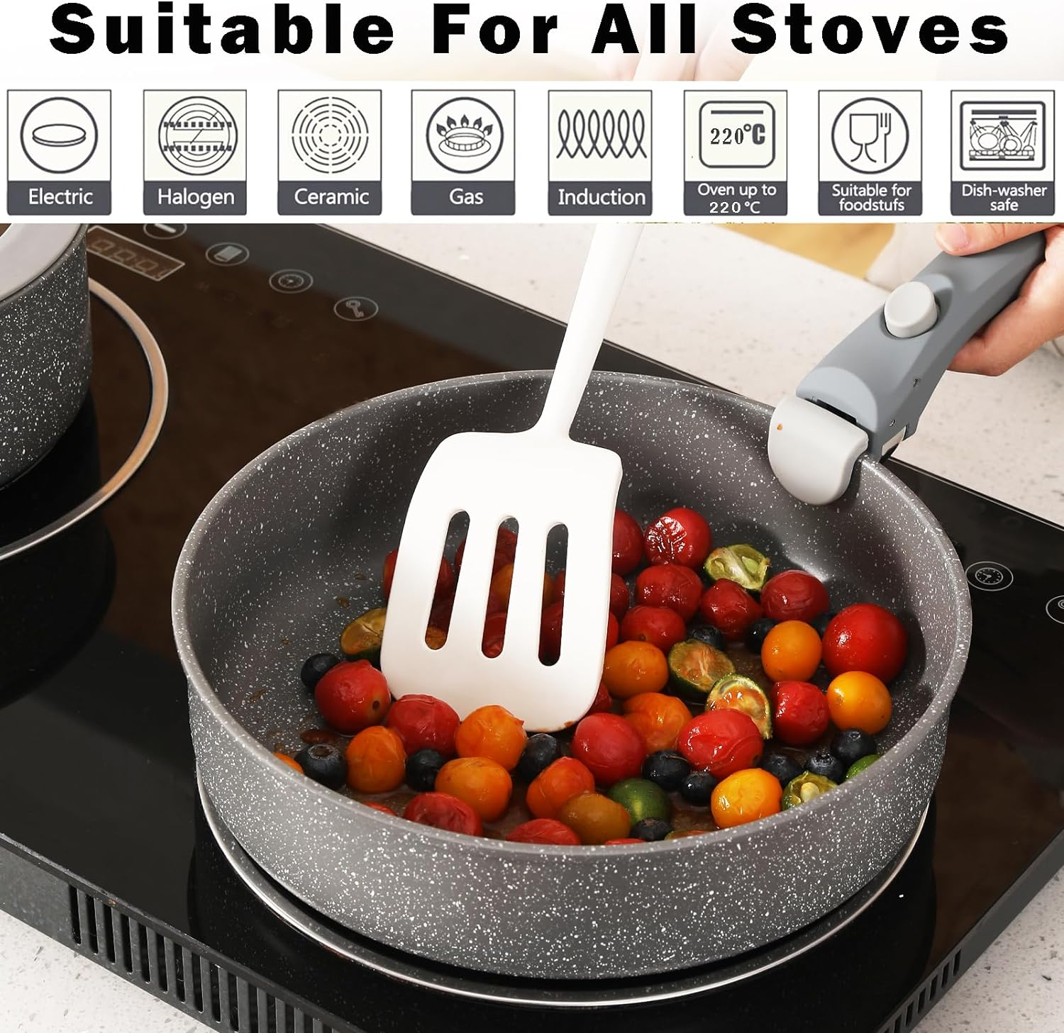 Pot and Pan Set with Removable Handle, Nonstick Cookware Set Detachable Handle, Induction Kitchen Camping Stackable Pots Pans, Dishwasher/Oven Safe, Grey image number 5