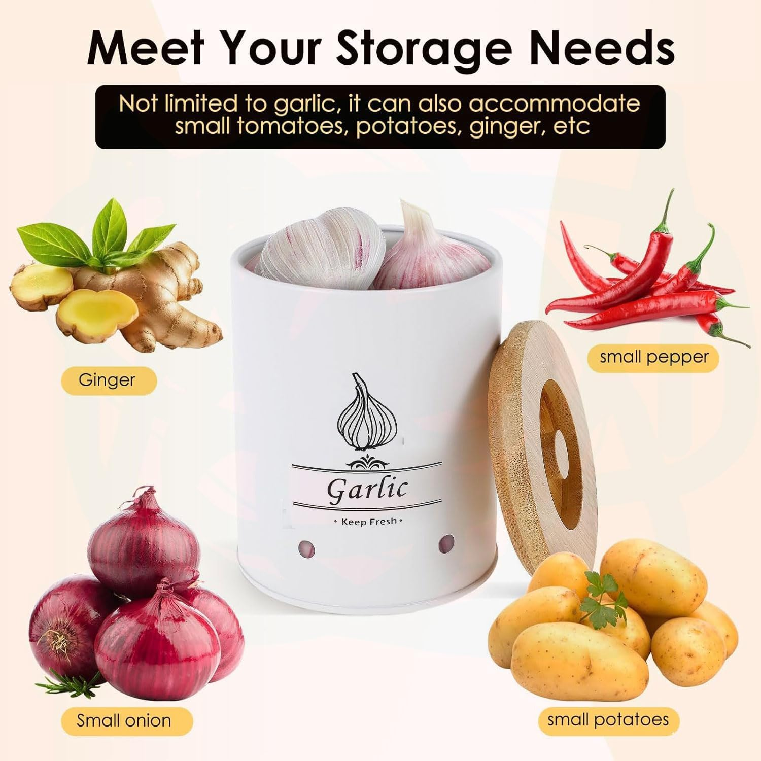 Large Ceramic Garlic Keeper, with Wood Lid Ventilated Garlic Storage Container Garlic Storage Container for Counter Garlic Storage Box Large Capacity Garlic Saver for Kitchens (White) image number 5