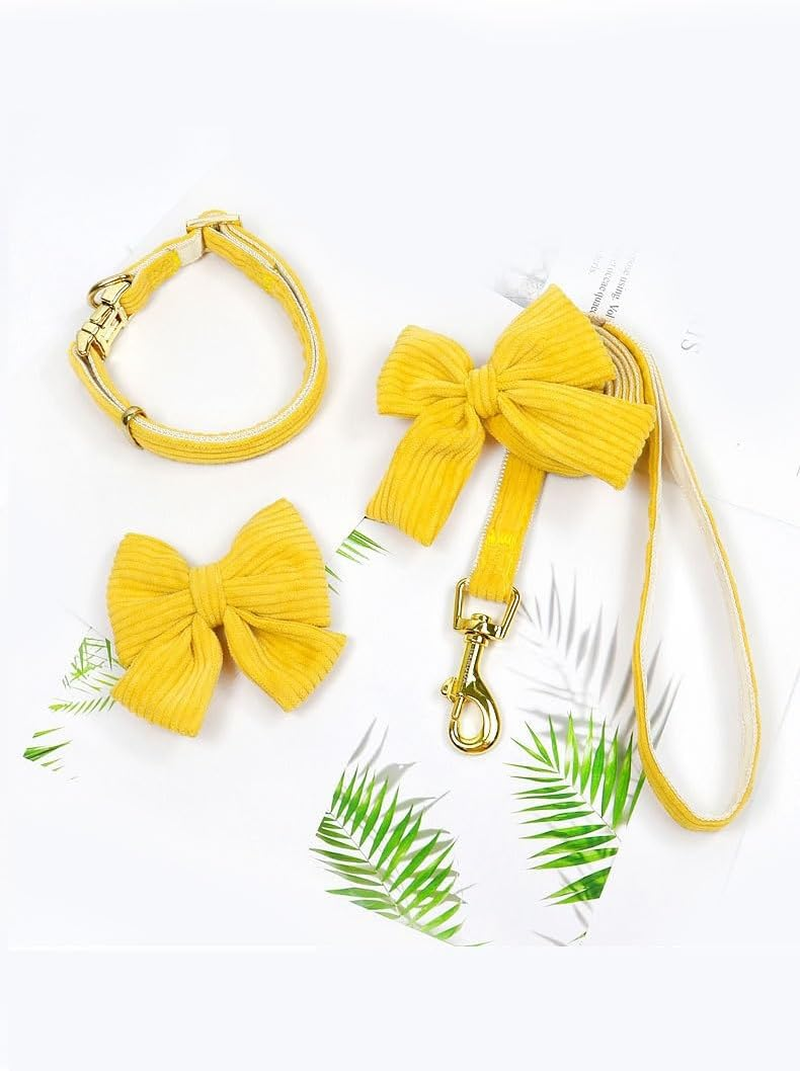 Dog Collar and Leash Set with Bowtie, Girl Dog Collars Metal Buckle Adjustable for Small Medium Dogs (Yellow, L)