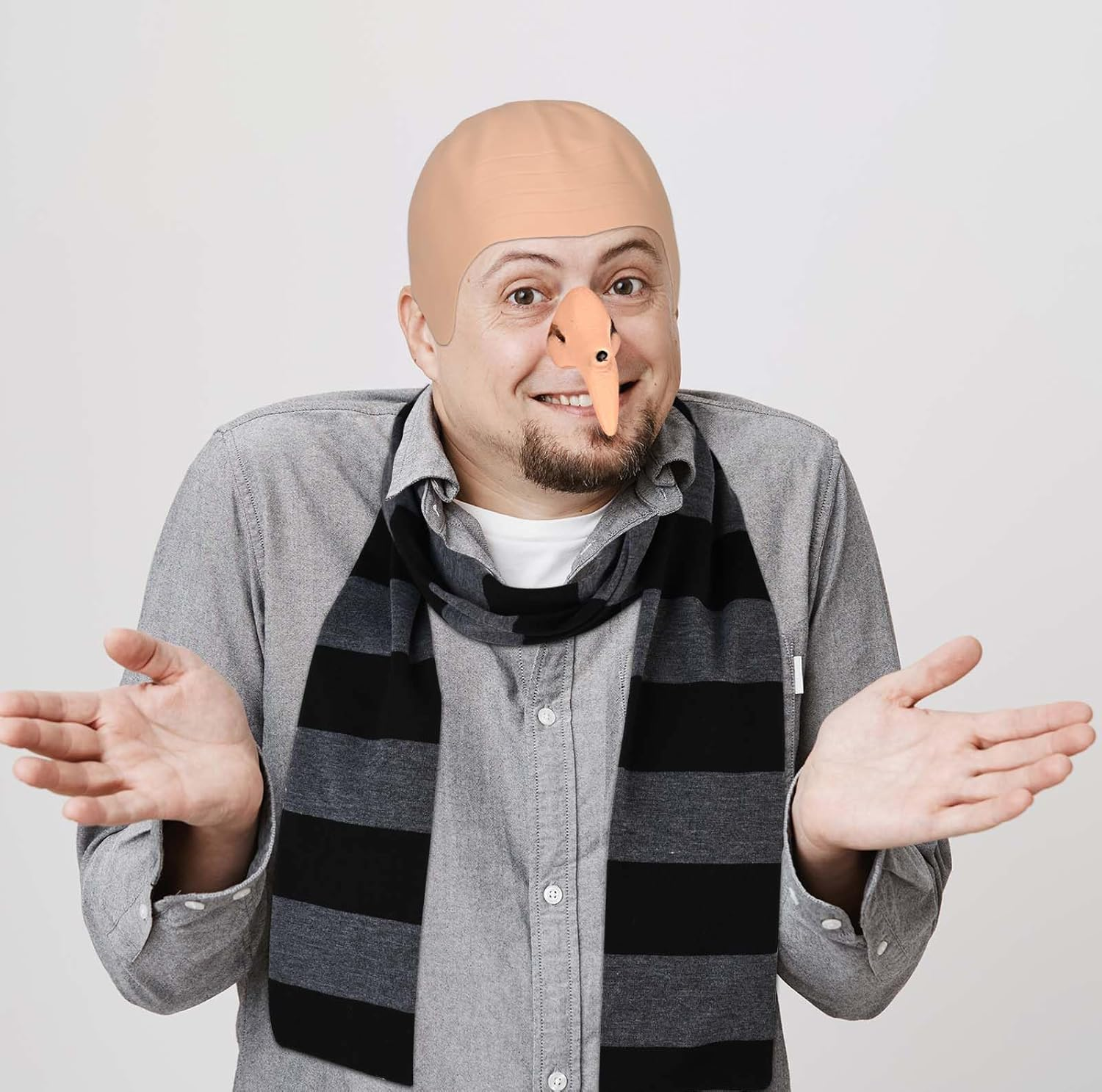 3 Pcs Black Gray Striped Scarf Fake Witch Nose Bald Head Cap for Adults Men Halloween Party Costume Dress Up, Multi, One Size image number 4