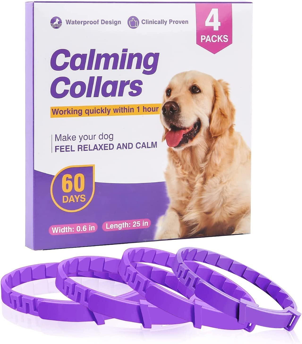 Calming Collar for Dogs, 4 Packs Dog Calming Collar, Pheromone Collar for Dogs, Relief Anxiety Stress Separation, Lasts 60 Days, 25 Inches Size Flexible Adjustable, for All Small Medium and Large Dog