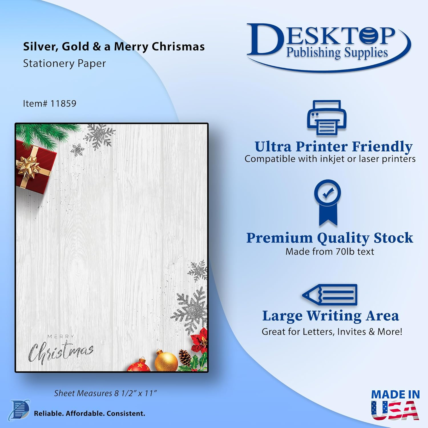 Silver, Gold and a Merry Christmas Stationery Paper - 80 Sheets of Letterhead for Winter & Holiday Events image number 2