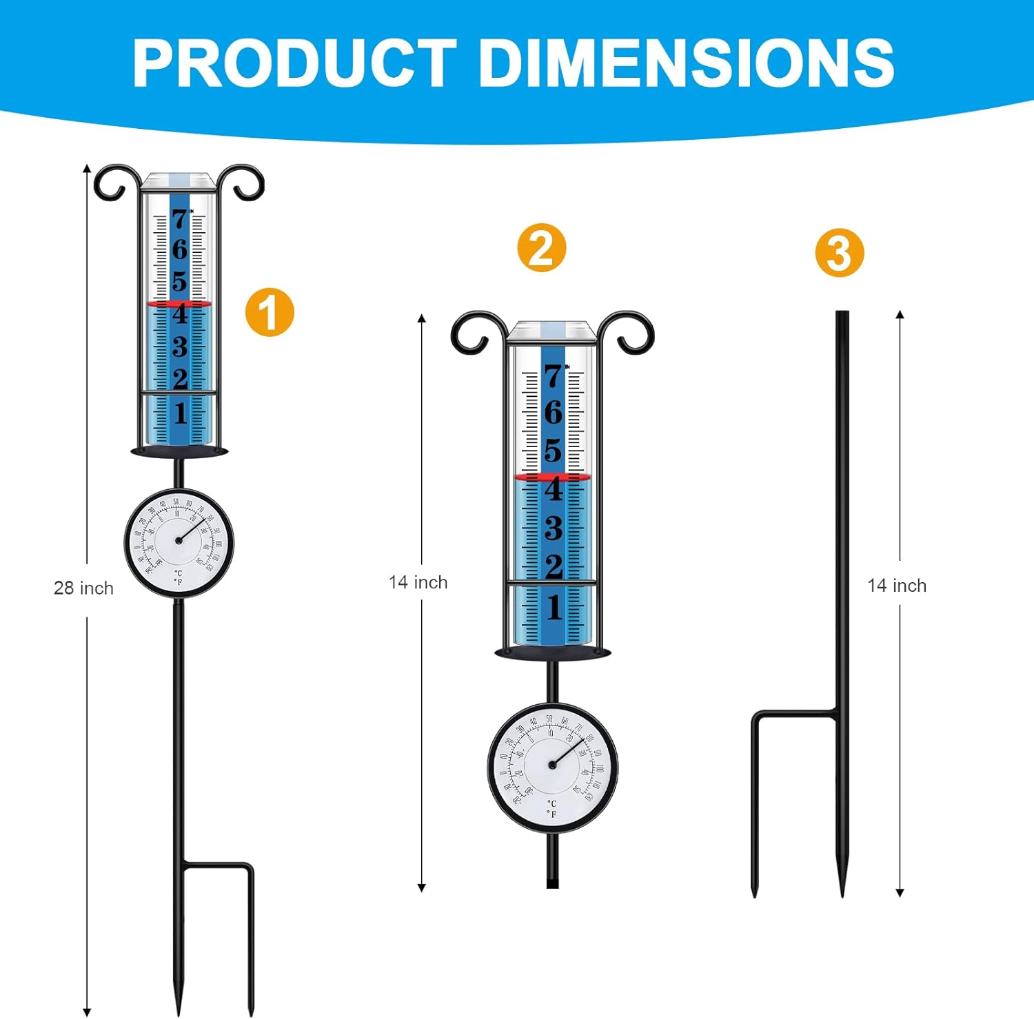 Jmbay Rain Gauge Outdoor with Thermometer, Rain Gauges Outdoors Best Rated, Large Font Rain Measure Gauge for Yard, Rain Water Meter with Thickened Plastic Tube and Duralbe Metal Stake for Patio,Lawn image number 1