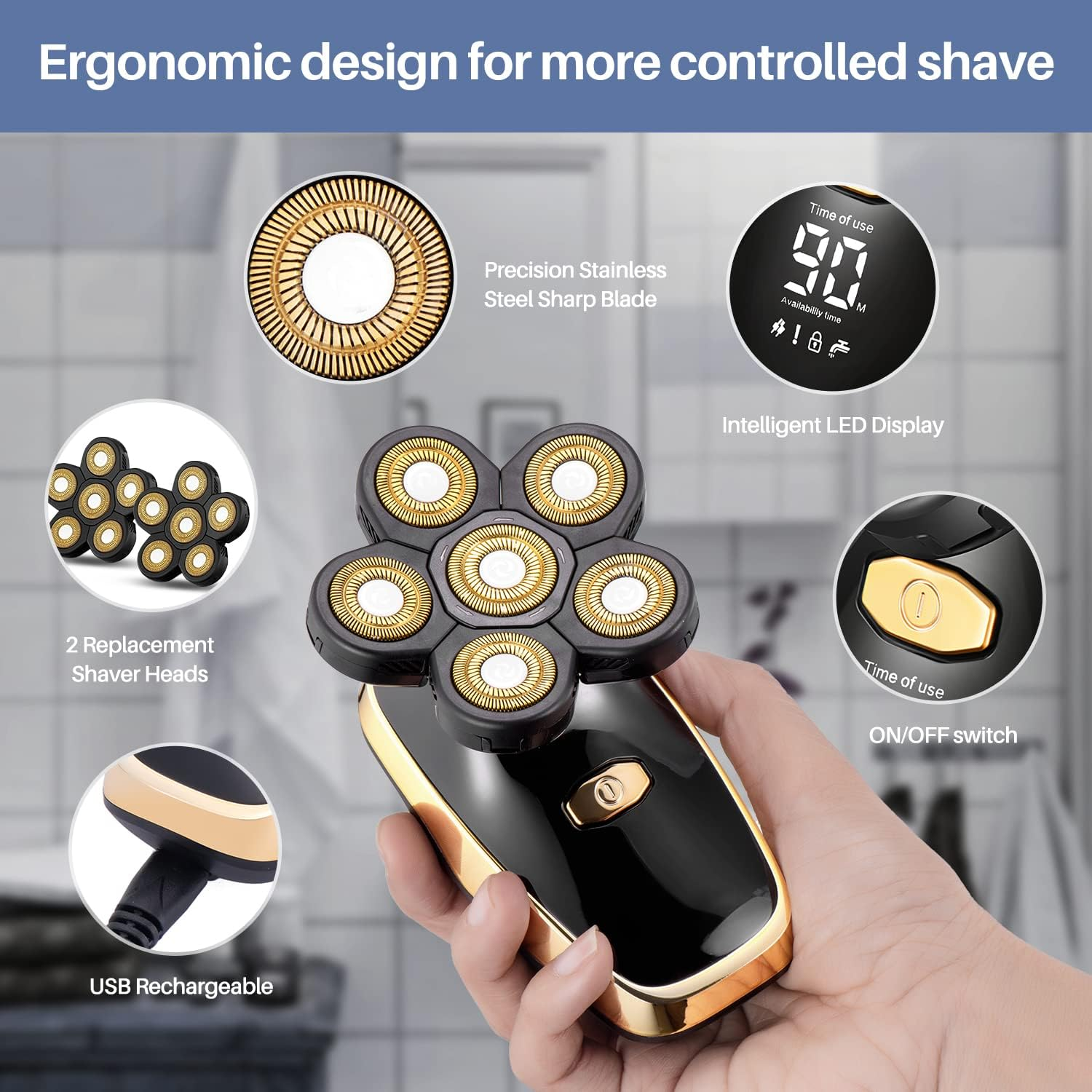 Head Shavers for Bald Men Rotary Electric Razor Cordless Electric Shaver Rechargeable Head Shaver Waterproof Mens Head Razor Multifunctional Shaving Grooming Kit for Balder - Black image number 5
