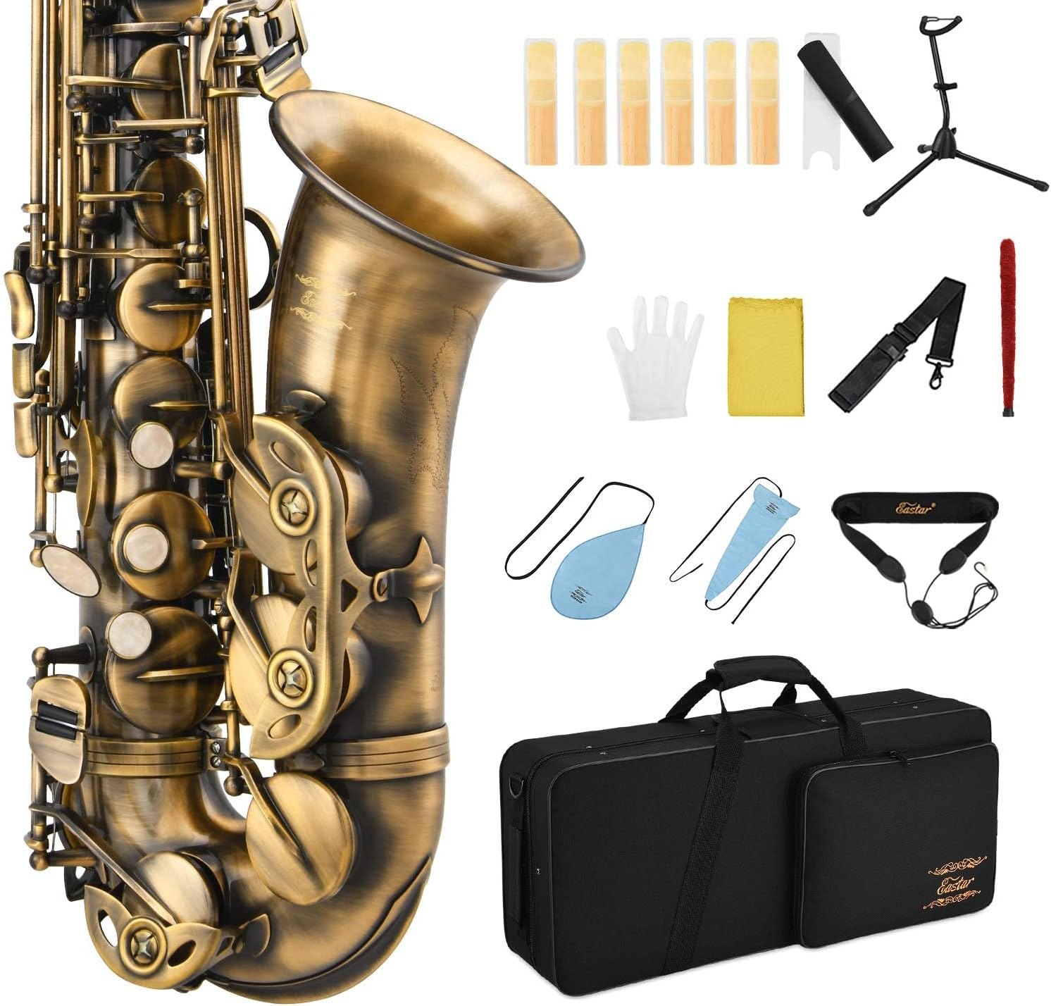 Eastar Professional Alto Saxophone E Flat Eb Gold with Cleaning Cloth, Carrying Case, Mouthpiece, Neck Strap, Reeds and Stand, Full Kit, AS-Ⅲ