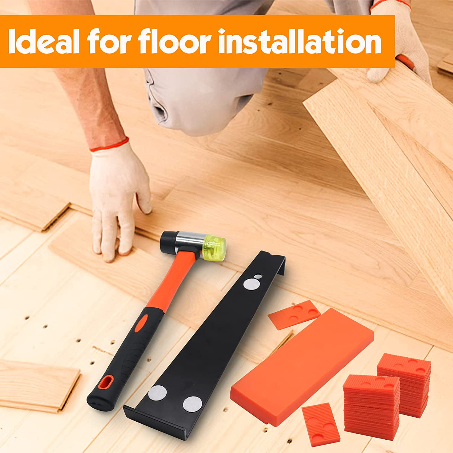 Laminate Wood Flooring Installation Kit Worthplanet 43Pcs Wood Flooring Installation Kit with 40 Spacers, Solid Tapping Block, Pull Bar and Double Headed Mallet for Floor Installation W370003