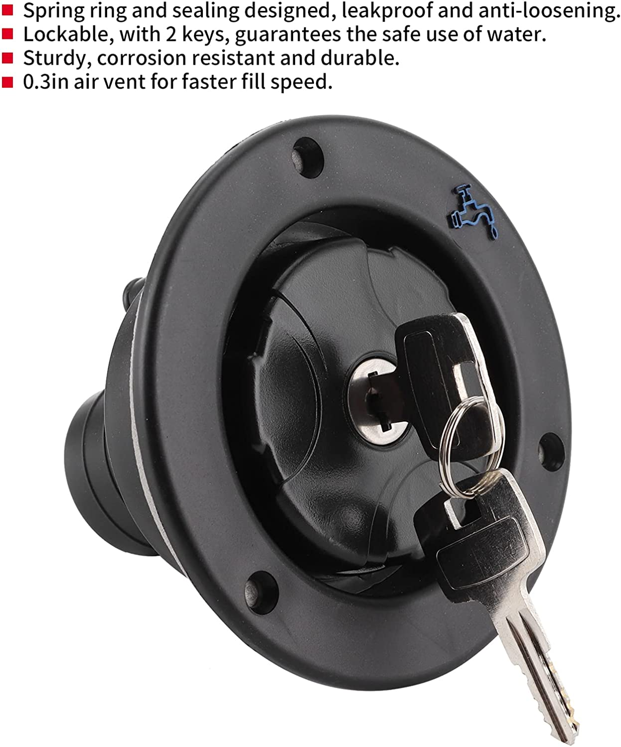 RV Water Filling, Gravity Water Inlet Plastic Water Filler Cap Black Water Filling Port Corrosion Resistant Lockable for Motorhome for RV Caravan