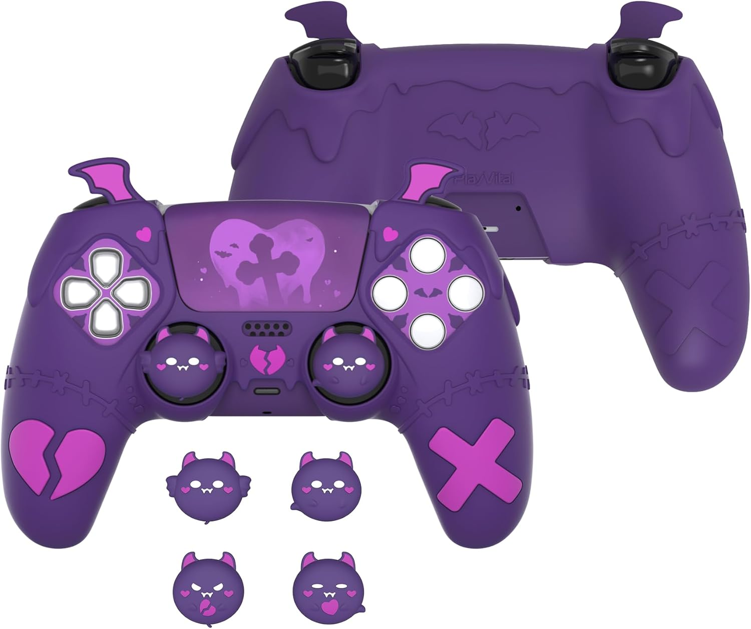 Playvital Gothic Imp Series Cute Silicone Case for Ps5 Controller with 4 Thumb Grips and 6 Stickers, Anti-Slip Silicone Skin Cover, Compatible with Ps5 Charging Station, Purple image number 3
