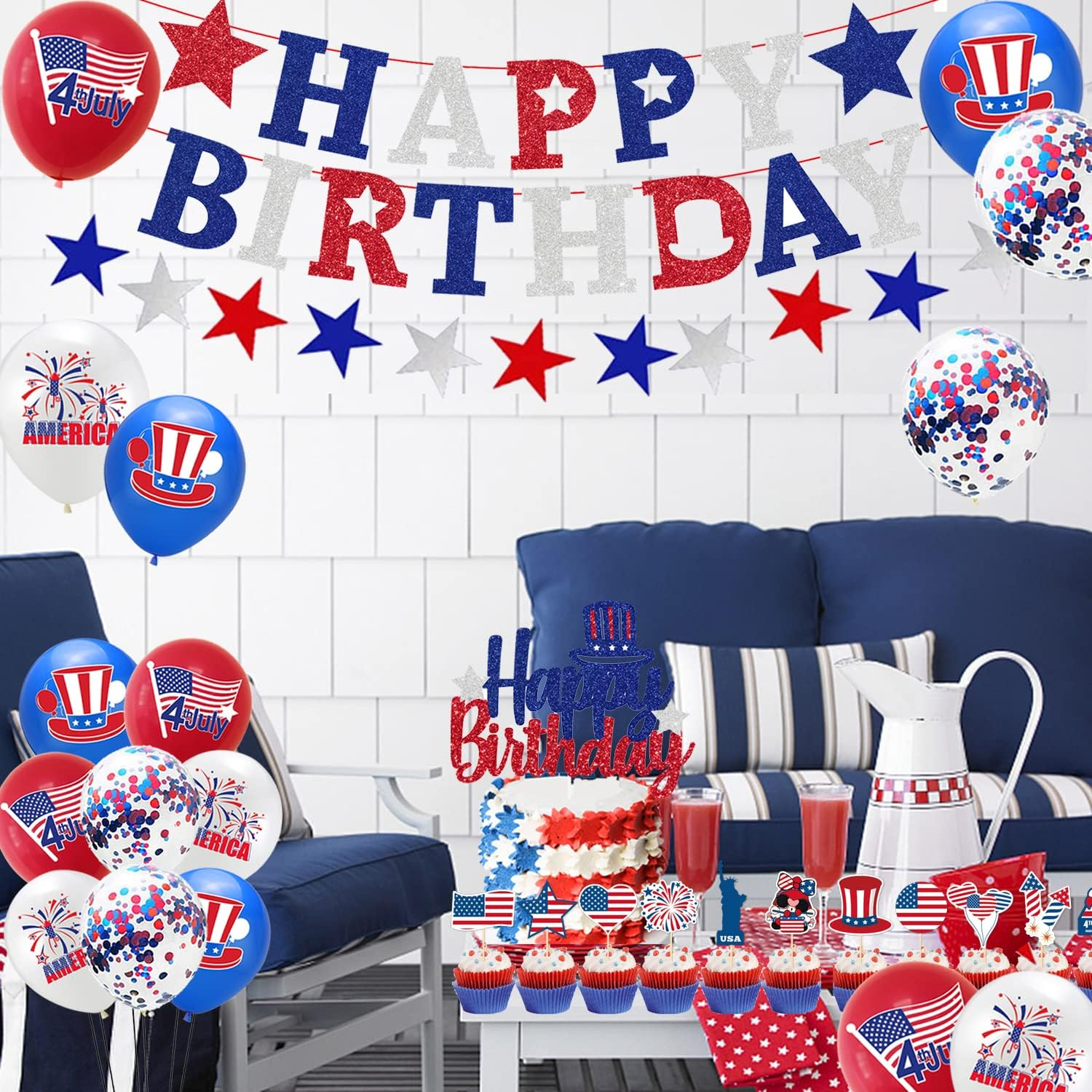 Patriotic Birthday Decorations 4Th of July Birthday Party Supplies Banner Garlands Cake Topper Cupcake Toppers Latex Balloons Independence Day Birthday Party Decorations