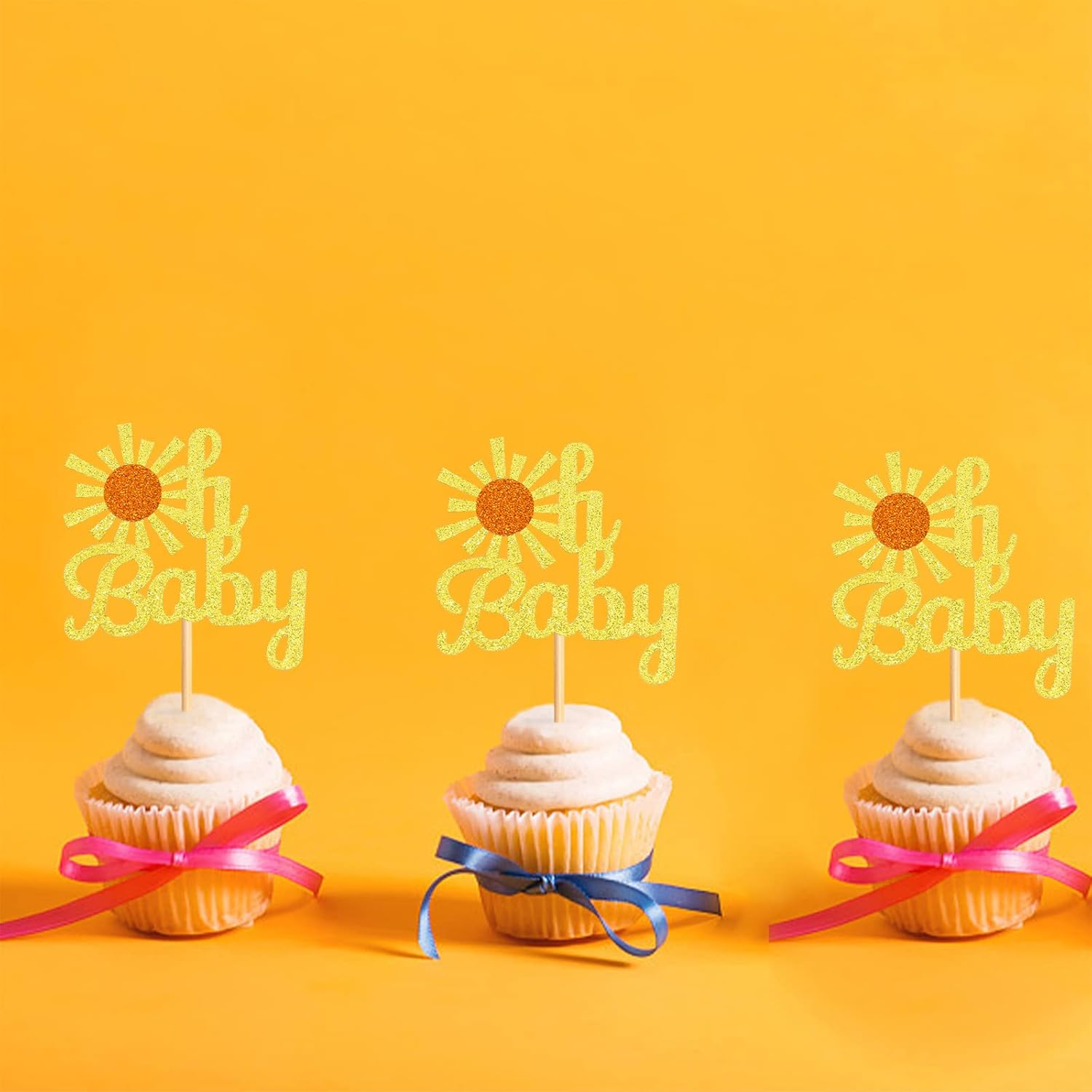 24 Pack Oh Baby Sunshine Cupcake Toppers Sunshine Cupcake Picks for Wedding Baby Shower Birthday Party Decorations Gold image number 5