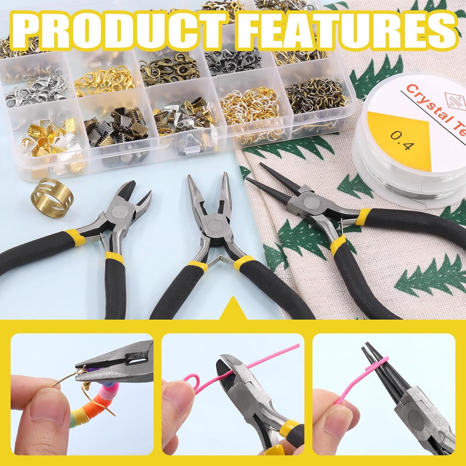 Mardatt 1488Pcs Jewelry Making Supplies Kit Includes Magnifying Glass, Pliers, Wires, Chain, Jump Ring Opener and Tweezers Accessories for Repair Silver M1036 image number 6