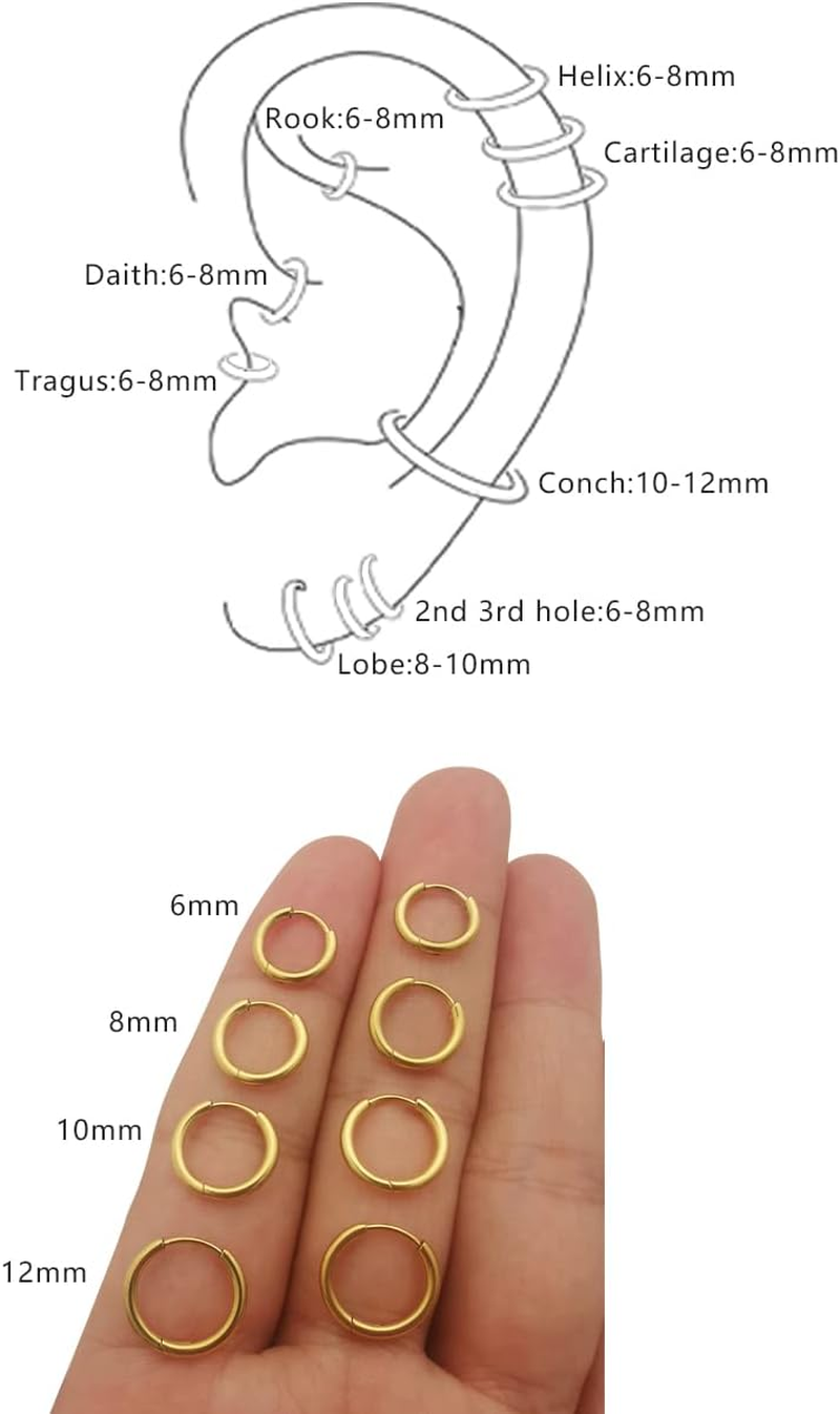 5 Pairs 316L Surgical Stainless Steel Small Huggie 8Mm 10Mm 12Mm 14Mm Hoop Earrings Set Hypoallergenic Hoops Cartilage Helix Lobes Hinged Sleeper Earrings for Men Women for Multiple Piercings image number 2