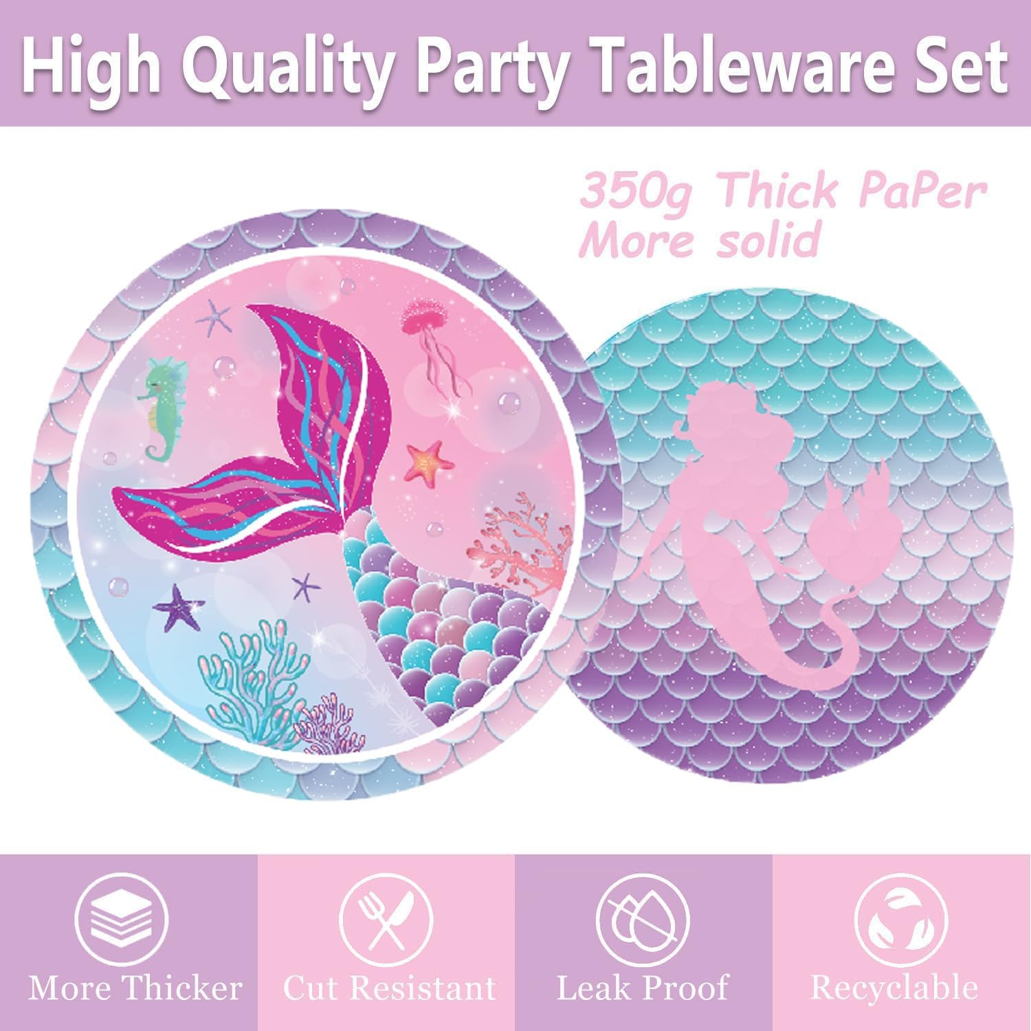 Mermaid Birthday Party Decorations Set Mermaid Reusable Party Supplies Includes Plates, Fork, Cup, Tablecloth, Banner for Ocean Birthday Party Decorations, Serves 24 image number 1