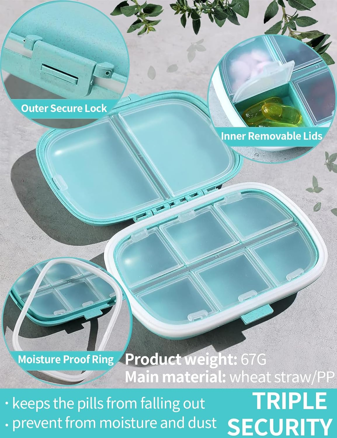 2 PCS Travel Pill Organizers, Daily Pill Organizers, 8 Compartments Portable Pill Cases, Pill Box to Hold Vitamins Cod Liver Oil, Small Pill Box for Pocket Purse Medicine Container Beige (Pink) image number 3