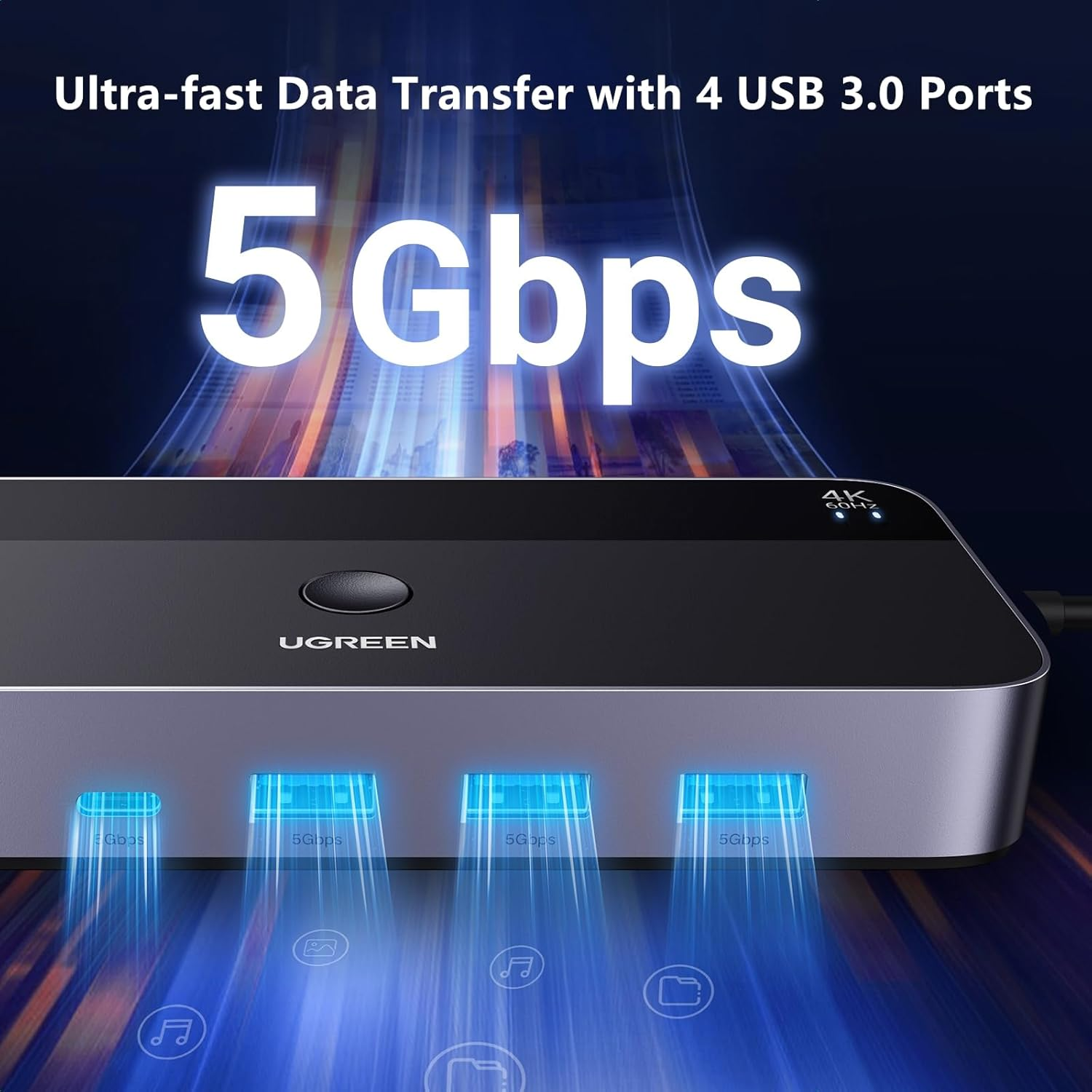 UGREEN USB 3.0 KVM HDMI Switch 4K@60Hz High-Speed Transmission Share 3 USB + 1 Type-C Ports for Keyboard Mouse Hard Drives Printer to One Monitor with 2 USB Cables and 2 HDMI Cables image number 2