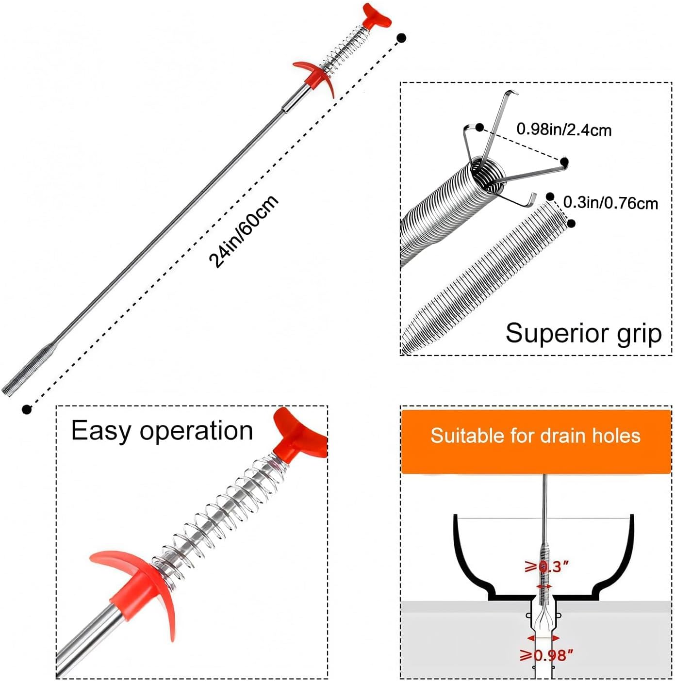 Drain Unclogged Snake Plumbing Tool - 200CM Sewer Toilet Dredge, 60CM Sink Clog Remover, 70CM Hair Clog Tool, 6-In-1