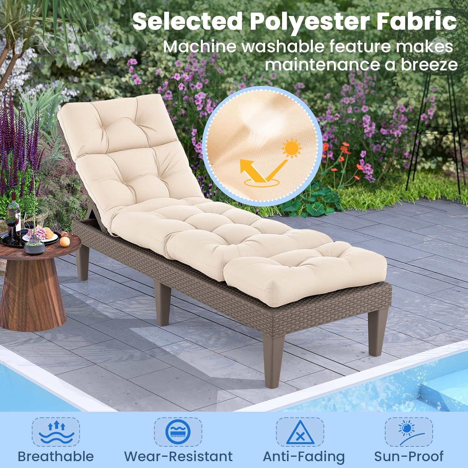 Costway Sunlounger Chair Cushion, High Back Recliner Cushion with 4 Fixing Ties, Thick Padded Reclining Chair Rocking Cushion for Outdoor Indoor (Only Cushion) (1, Beige, 186 X 56 X 11 Cm) image number 5