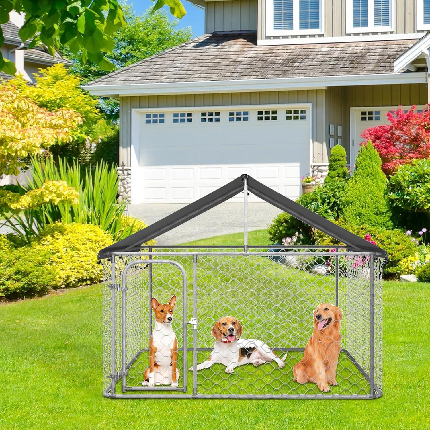 Outdoor Dog Kennel - Durable Galvanised Steel Construction with Safety Lock and UV Protected Canopy - Large Space for Exercise and Play (200 X 200 X 150 Cm) image number 1