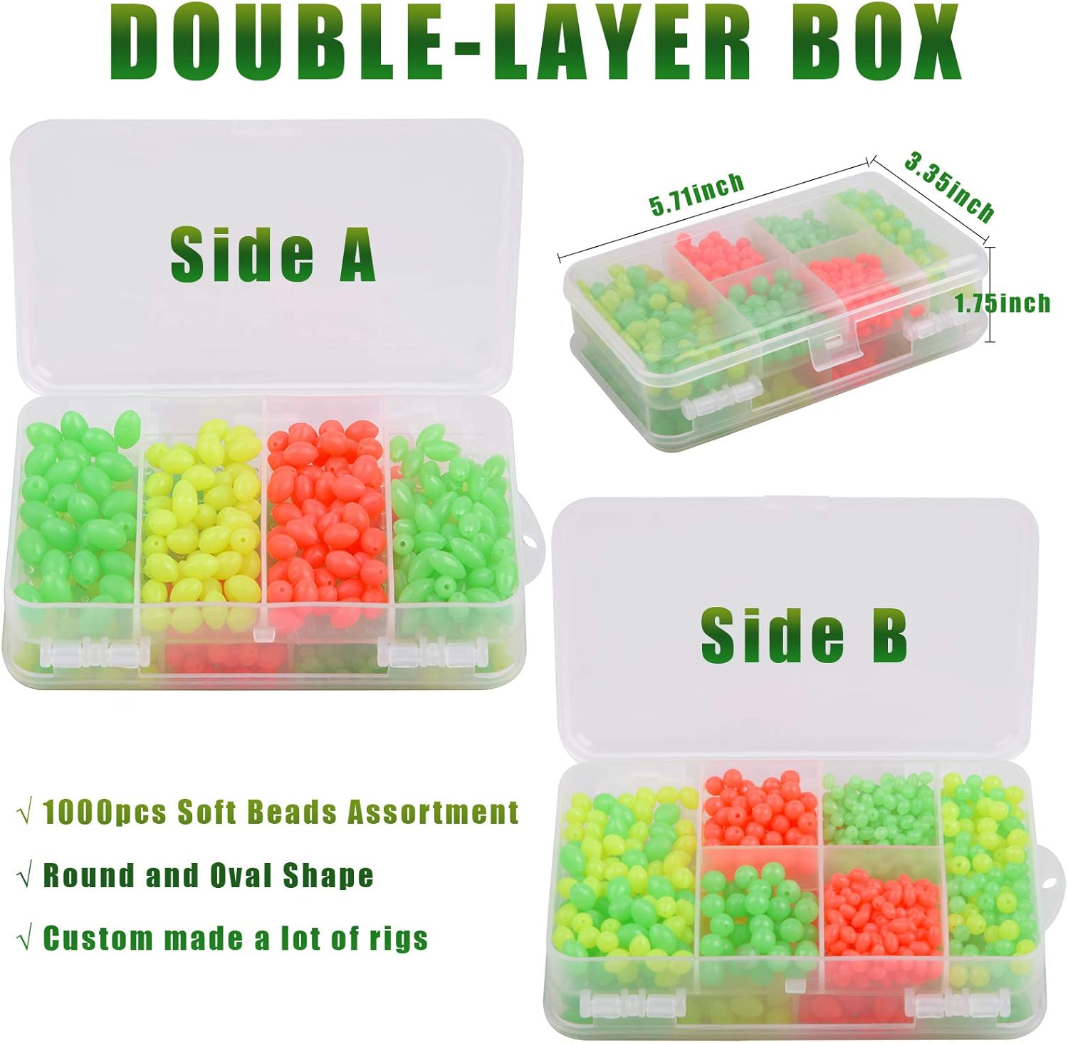 JSHANMEI Fishing Bead 1000Pcs/Box Soft Plastic Luminous Oval Shaped Beads round Beads Fishing Lures Fishing Bead Fishing Tackle Tools Eggs for Rig image number 5