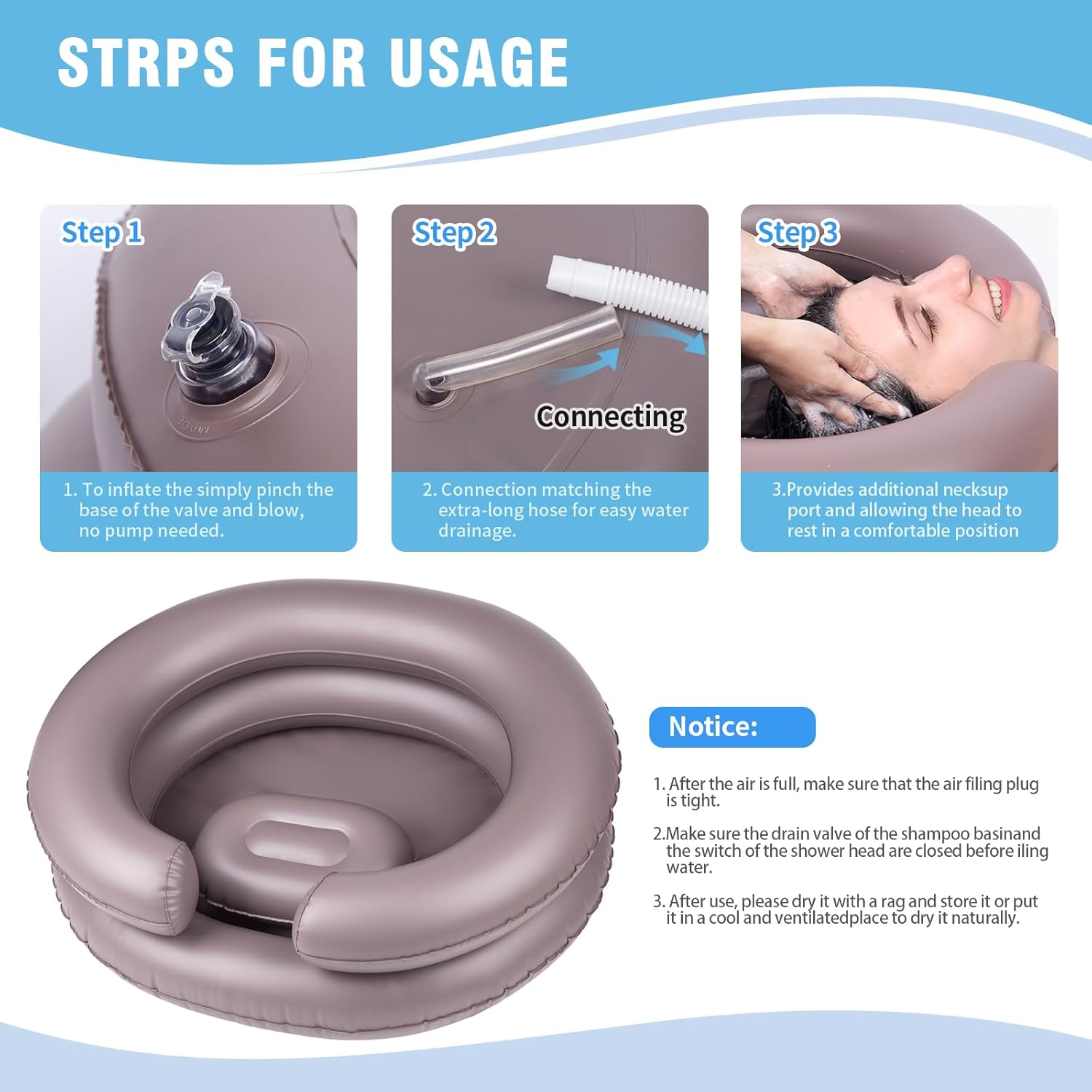 Large Portable Inflatable Hair Washing Basin for Bedridden - Wash Hair in Bed with Inflatable Shampoo Bowl.Hair Washing Basin for Elderly,Disabled,Injured,Ideal Inflatable Sink for Locs Detox image number 6