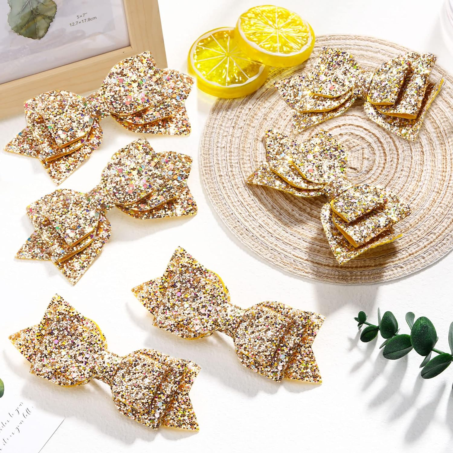 6 Pcs 5 Inch Glitter Sequin Boutique Hair Clips - Sparkly Bowed Accessories for Baby, Toddler, Teen Girls (Gold) image number 2
