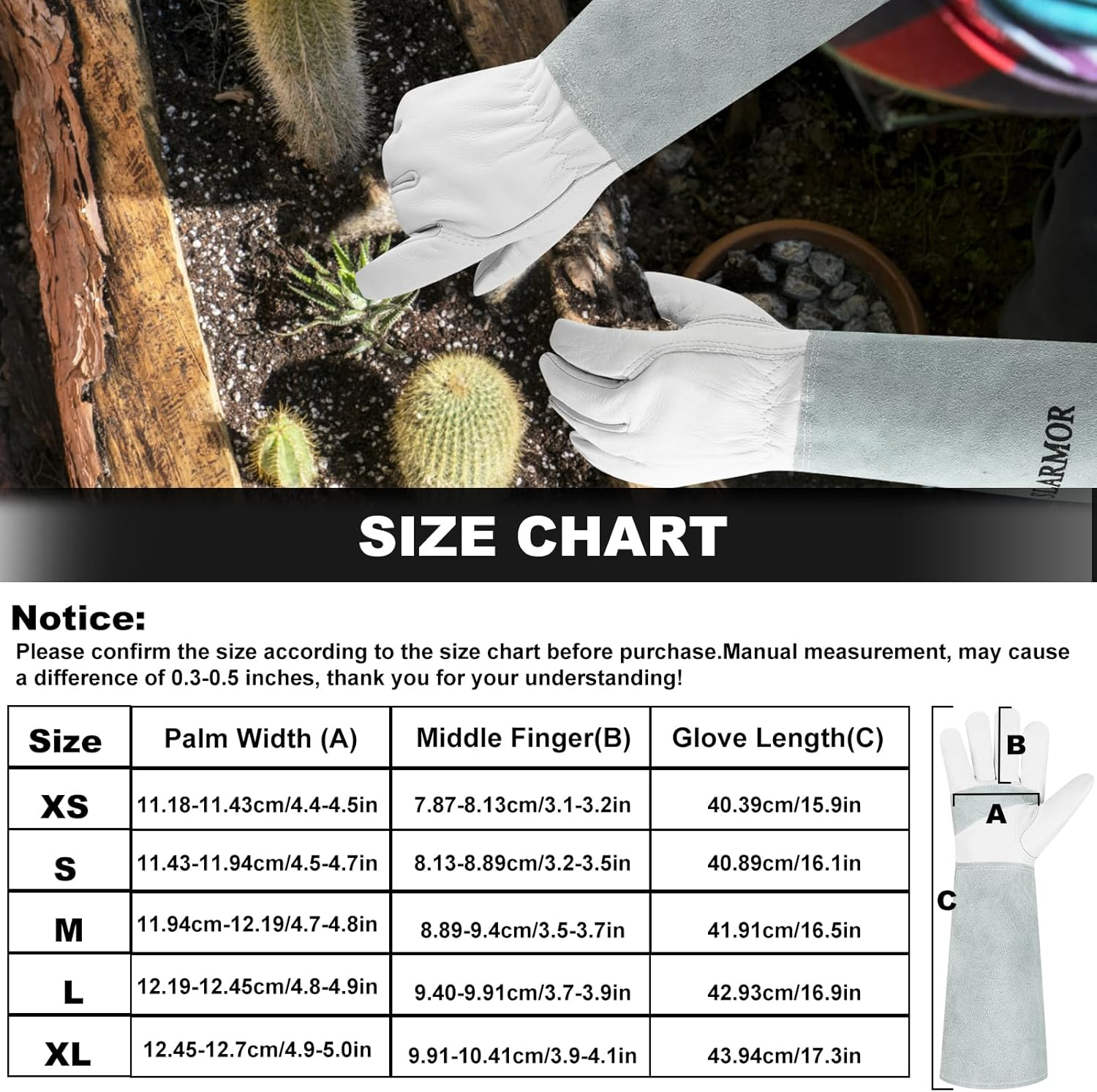 Leather Gardening Gloves for Women/Men - Thorn Proof Cowhide Leather Rose/Blackberry Pruning Heavy Duty Garden Gloves Thick Palm Gauntlet Garden Work Gloves with Forearm Protection image number 2