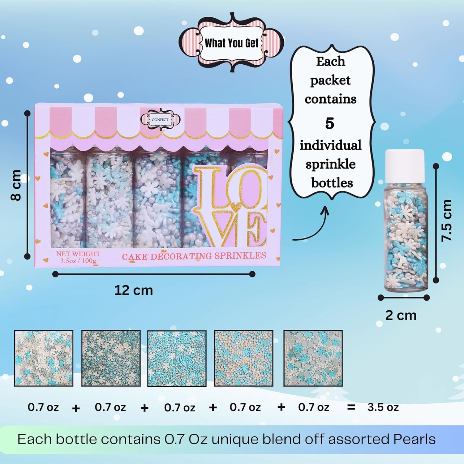 Confect Christmas Sprinkles | Mix Silver, Gold, White and Blue Flower & Snowflakes Cookie Sprinkles | Frozen Sprinkles & Sparkling Sugar | Sprinkles for Baking & Cake Decorative - 100Gms