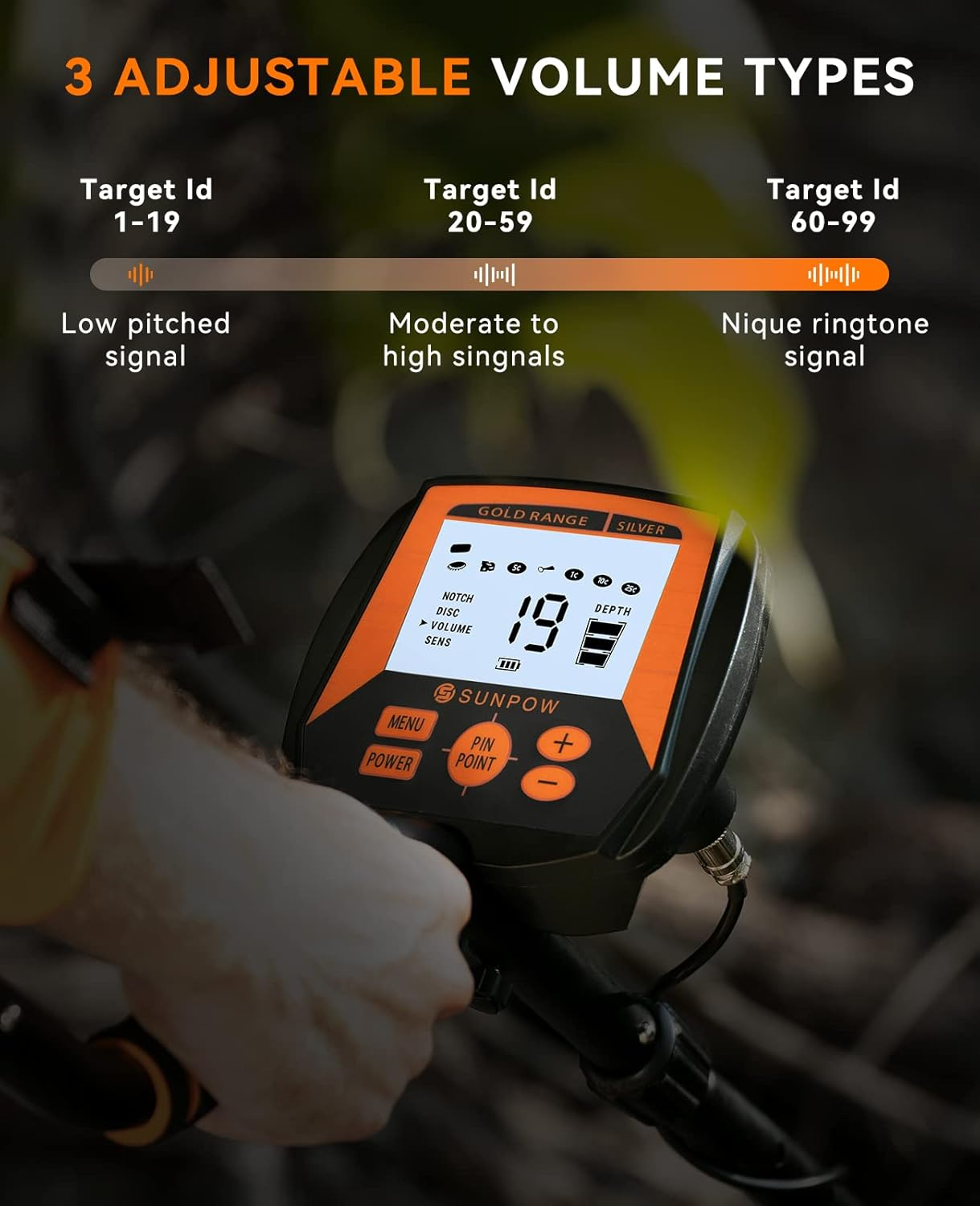SUNPOW Metal Detector for Adults, Professional Waterproof High Accuracy Metal Detector, 10'' Detection Depth, Pinpoint & Disc & Notch & All Metal & Volume Modes image number 1