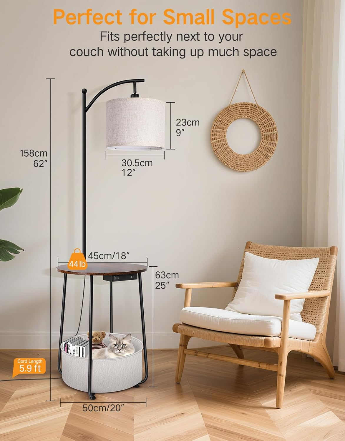 OUTON Floor Lamp with Table, Shelf Floor Lamp with Charging Station, 3 Color Temperatures 12W LED Bulb, Standing Lamp with Fabric Basket for Bedroom Living Room Office, Rustic Brown image number 3