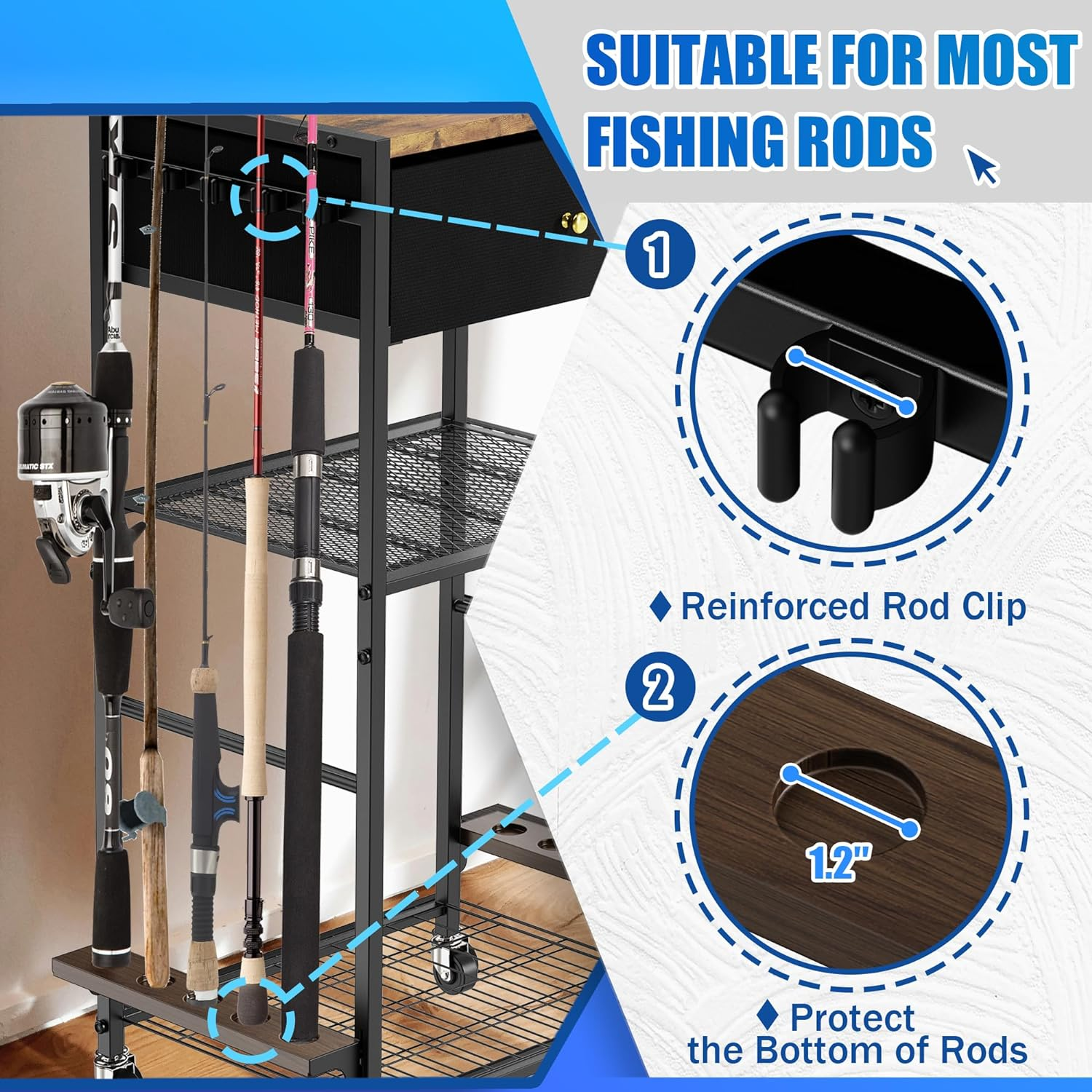 Fishing Rod Holders for Garage Holds up to 10 Rods, 360 Degree Rotating Fishing Pole Holder, Tackle Storage Cart Fishing Gear and Equipment Organizers, Fishing Gifts for Men Women (Black) image number 6