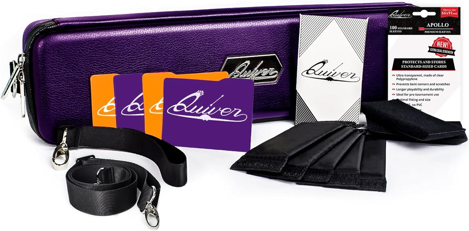 Quiver Time Purple Quiver Card Carrying Case - TCG Cards Deck Box Holder for Trading Cards, MTG Bag Playing Card Case (+Wrist & Shoulder Strap, Dividers, Separators, Corner Pads + 100 Apollo Sleeves) image number 5