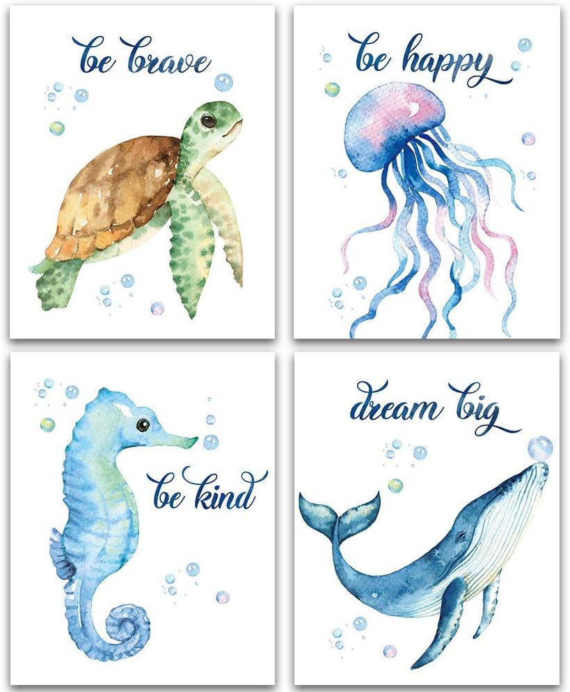 SUUURA-OO Lovely Inspirational Words Texture of Dreams Watercolor Sea Marine Life Art Print Set of 4 (8&rdquo;X10&rdquo;), Sea Turtle Seahorse Fish Whale Jellyfish Wall Poster, Blue Ocean Theme Nursery Kids Room Wall Decor image number 1