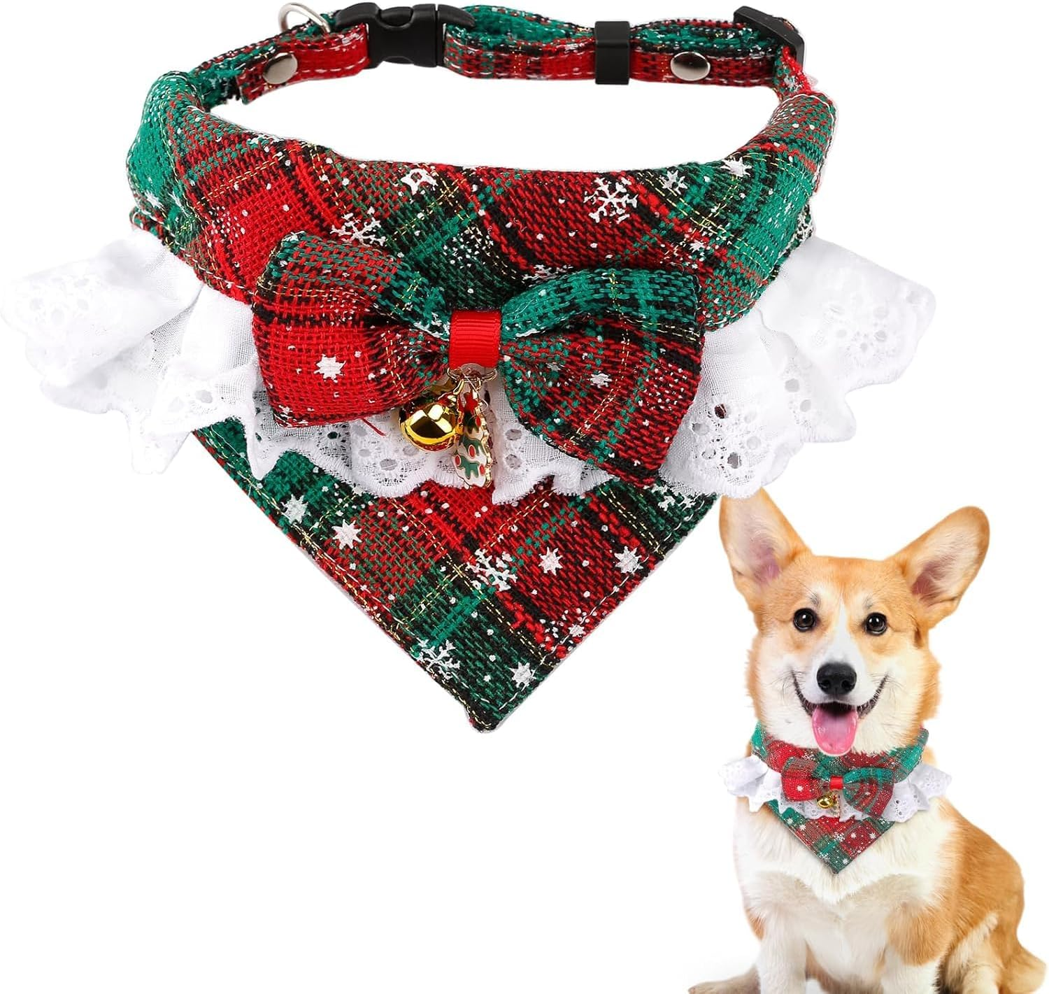 Adjustable Christmas Dog Cat Bandana Collar, Cotton Red Green Plaid Dog Cat Scarf Triangle Bibs Kerchief with Bow Tie Bell for Small Medium and Large Cats Dogs (Cw2073Lv, S)